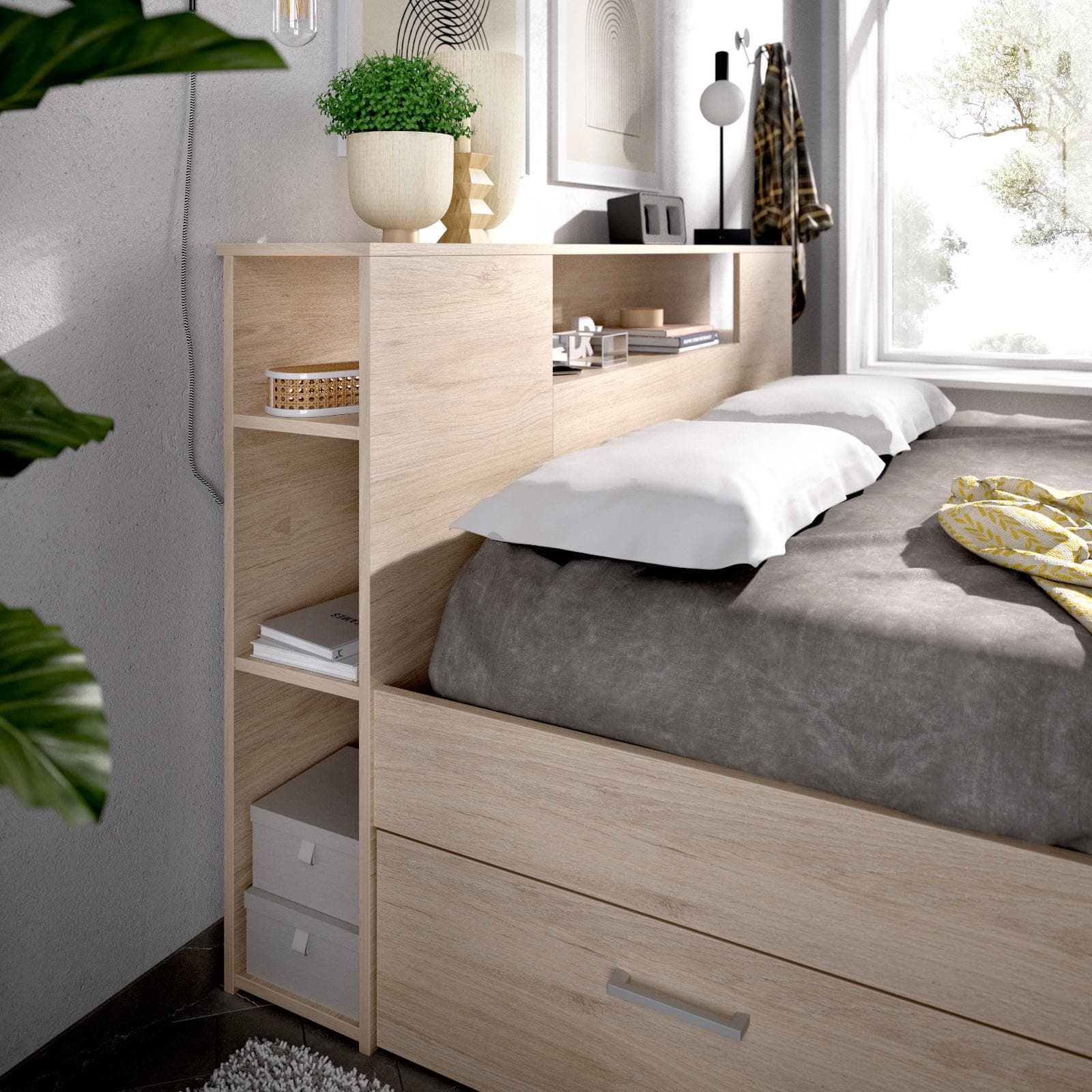 Letto matrimoniale 160x200 in legno naturale con vani e cassetti - Kygo