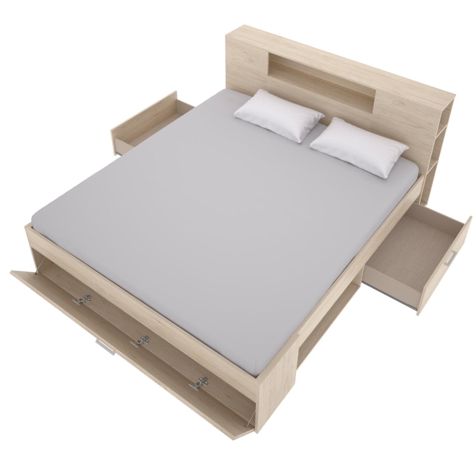 Letto matrimoniale 160x200 in legno naturale con vani e cassetti - Kygo