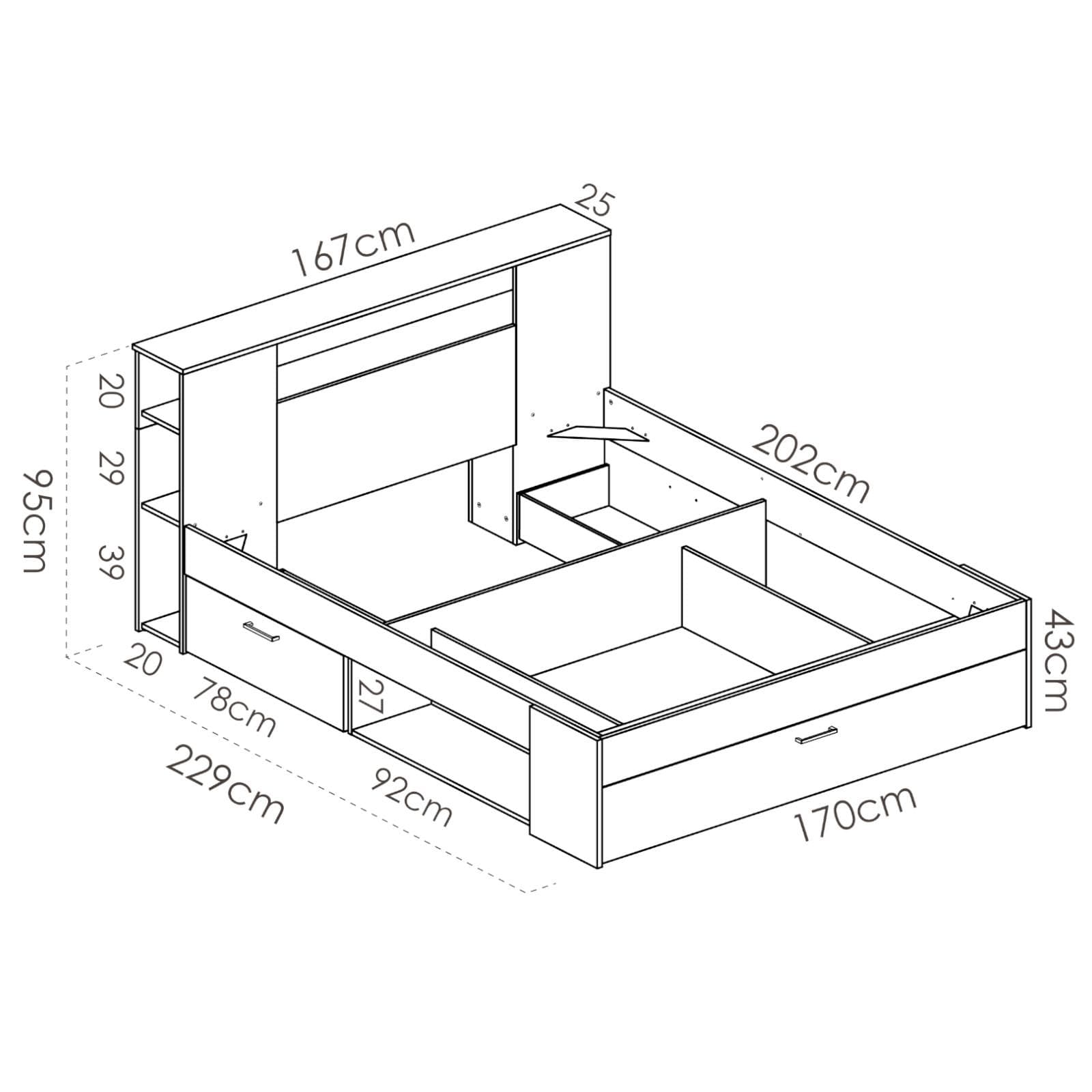Letto matrimoniale 160x200 in legno naturale con vani e cassetti - Kygo