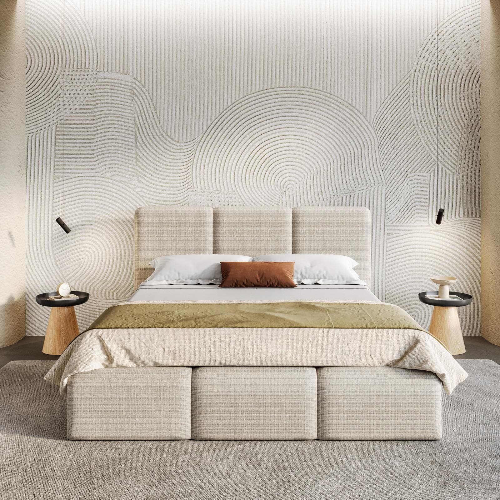 Letto matrimoniale 160x190 cm imbottito e rivestito in shiny bouclé crema con contenitore - Wazi