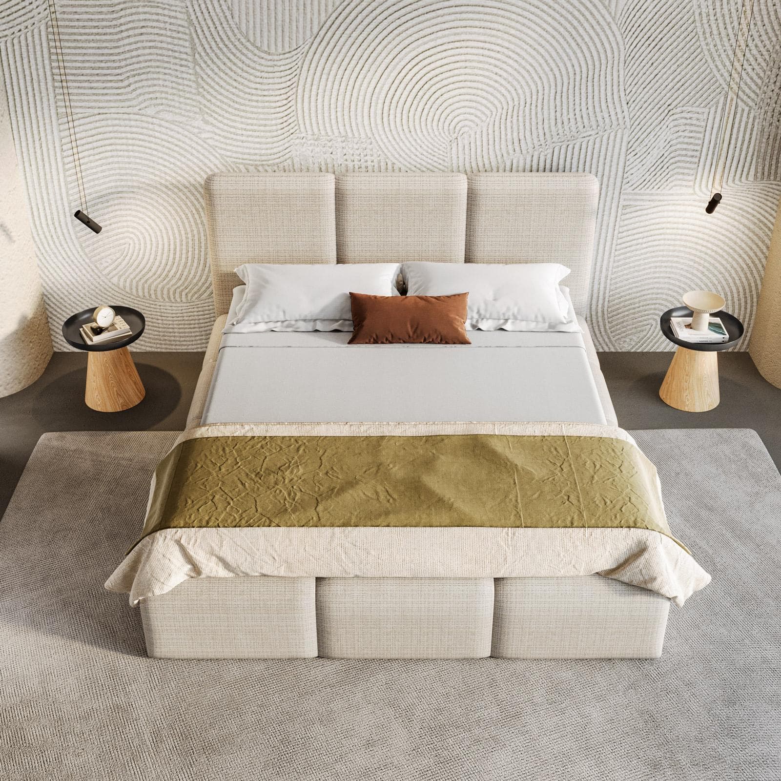 Letto matrimoniale 160x190 cm imbottito e rivestito in shiny bouclé crema con contenitore - Wazi
