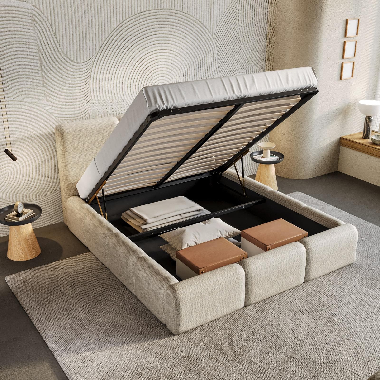 Letto matrimoniale 160x190 cm imbottito e rivestito in shiny bouclé crema con contenitore - Wazi