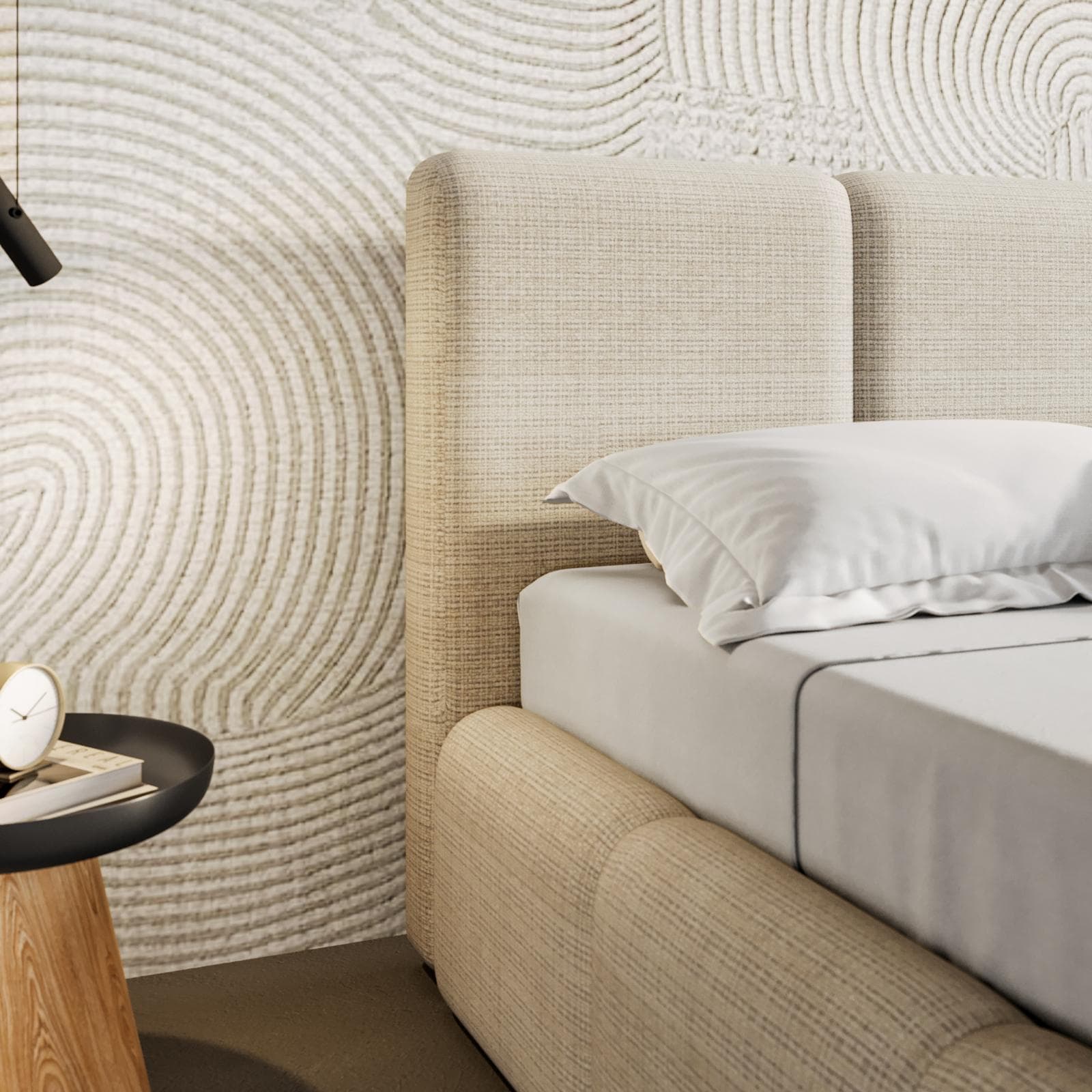 Letto matrimoniale 160x190 cm imbottito e rivestito in shiny bouclé crema con contenitore - Wazi