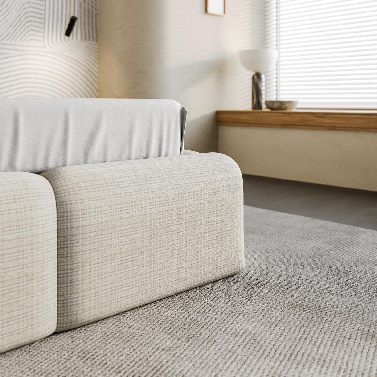 Letto matrimoniale 160x190 cm imbottito e rivestito in shiny bouclé crema con contenitore - Wazi
