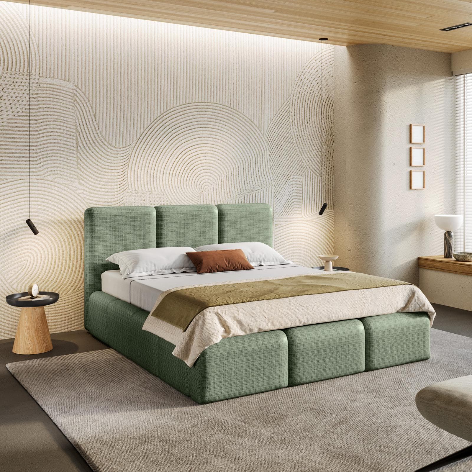 Letto matrimoniale 160x190 cm imbottito e rivestito in shiny bouclé verde salvia con contenitore - Wazi
