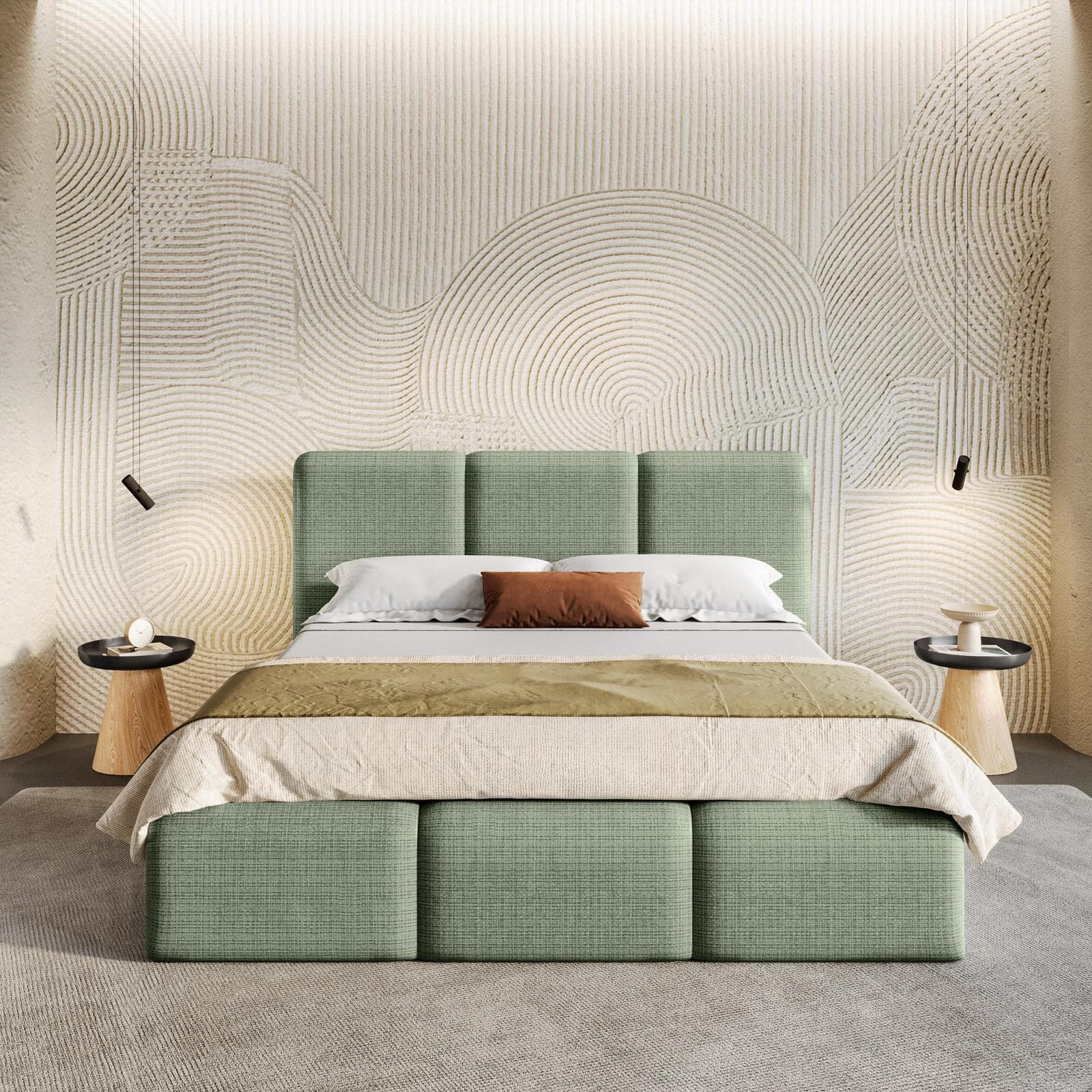 Letto matrimoniale 160x190 cm imbottito e rivestito in shiny bouclé verde salvia con contenitore - Wazi