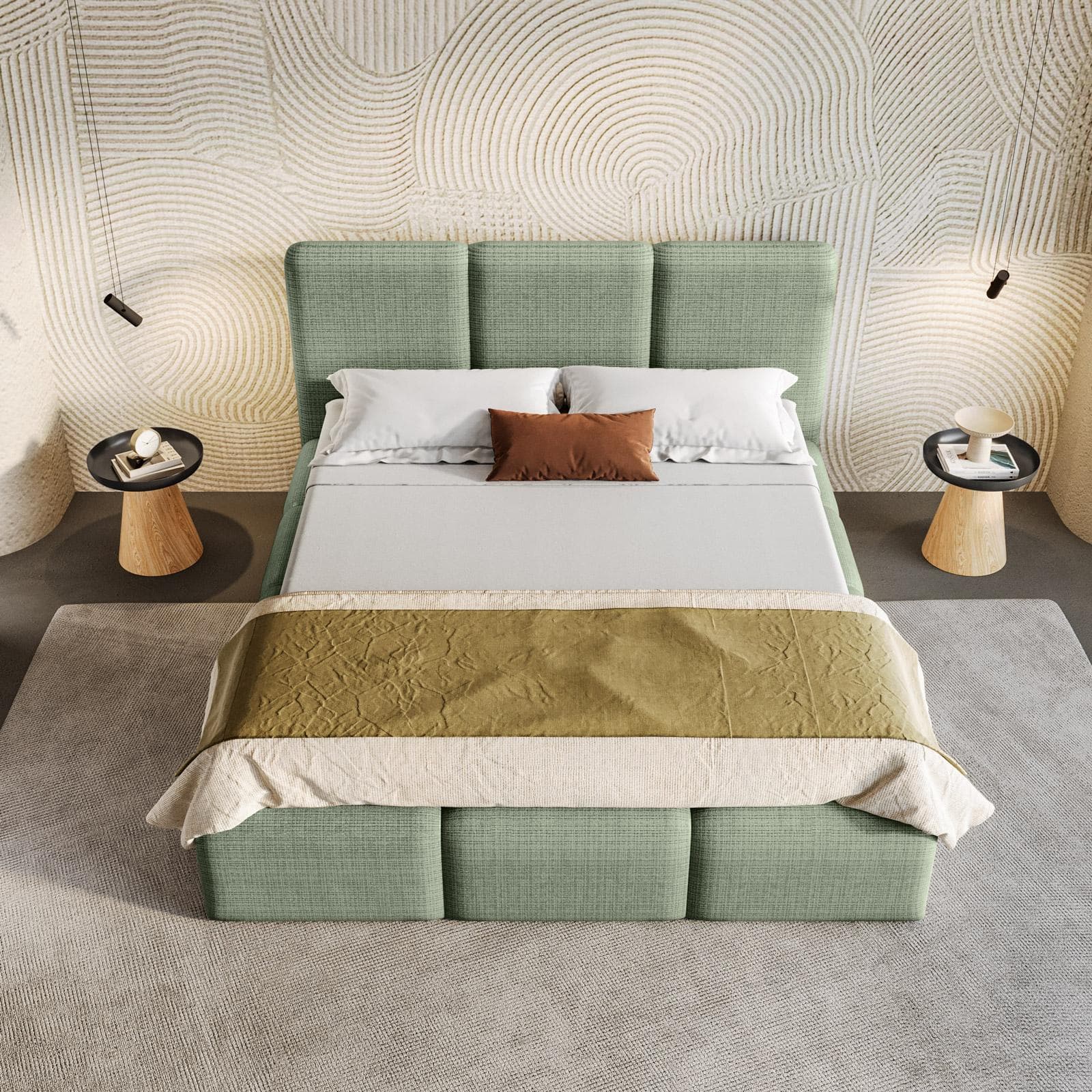 Letto matrimoniale 160x190 cm imbottito e rivestito in shiny bouclé verde salvia con contenitore - Wazi
