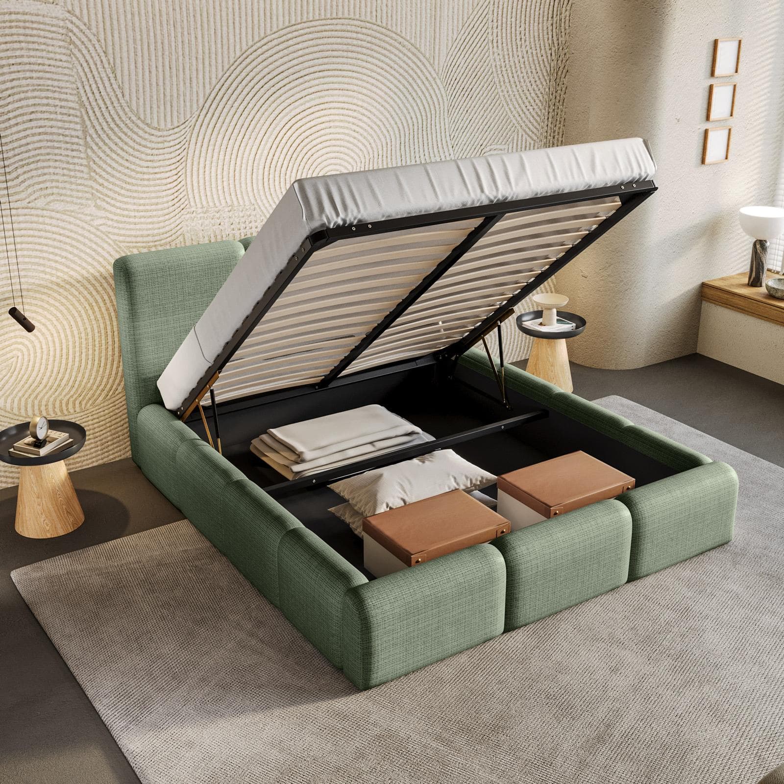 Letto matrimoniale 160x190 cm imbottito e rivestito in shiny bouclé verde salvia con contenitore - Wazi