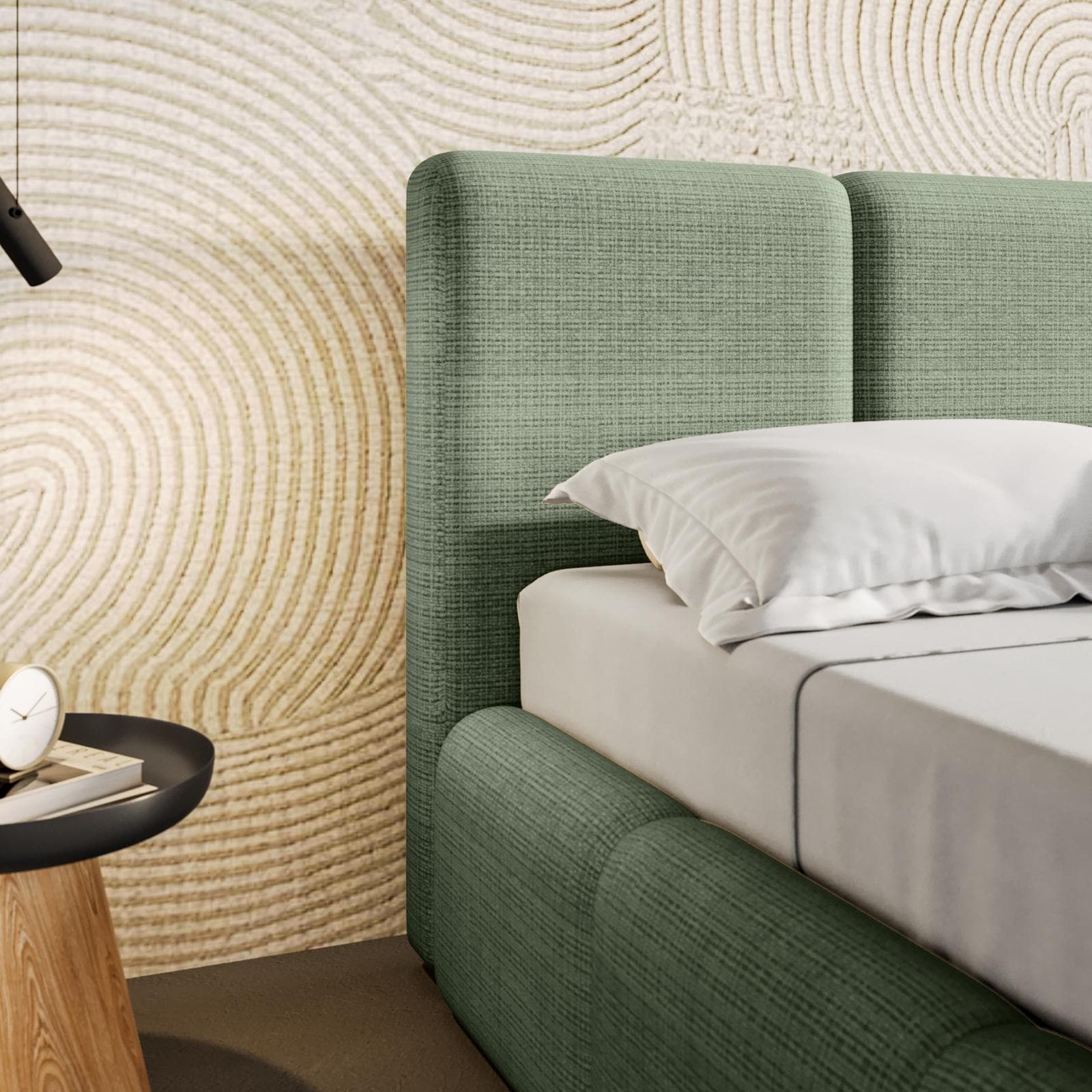 Letto matrimoniale 160x190 cm imbottito e rivestito in shiny bouclé verde salvia con contenitore - Wazi