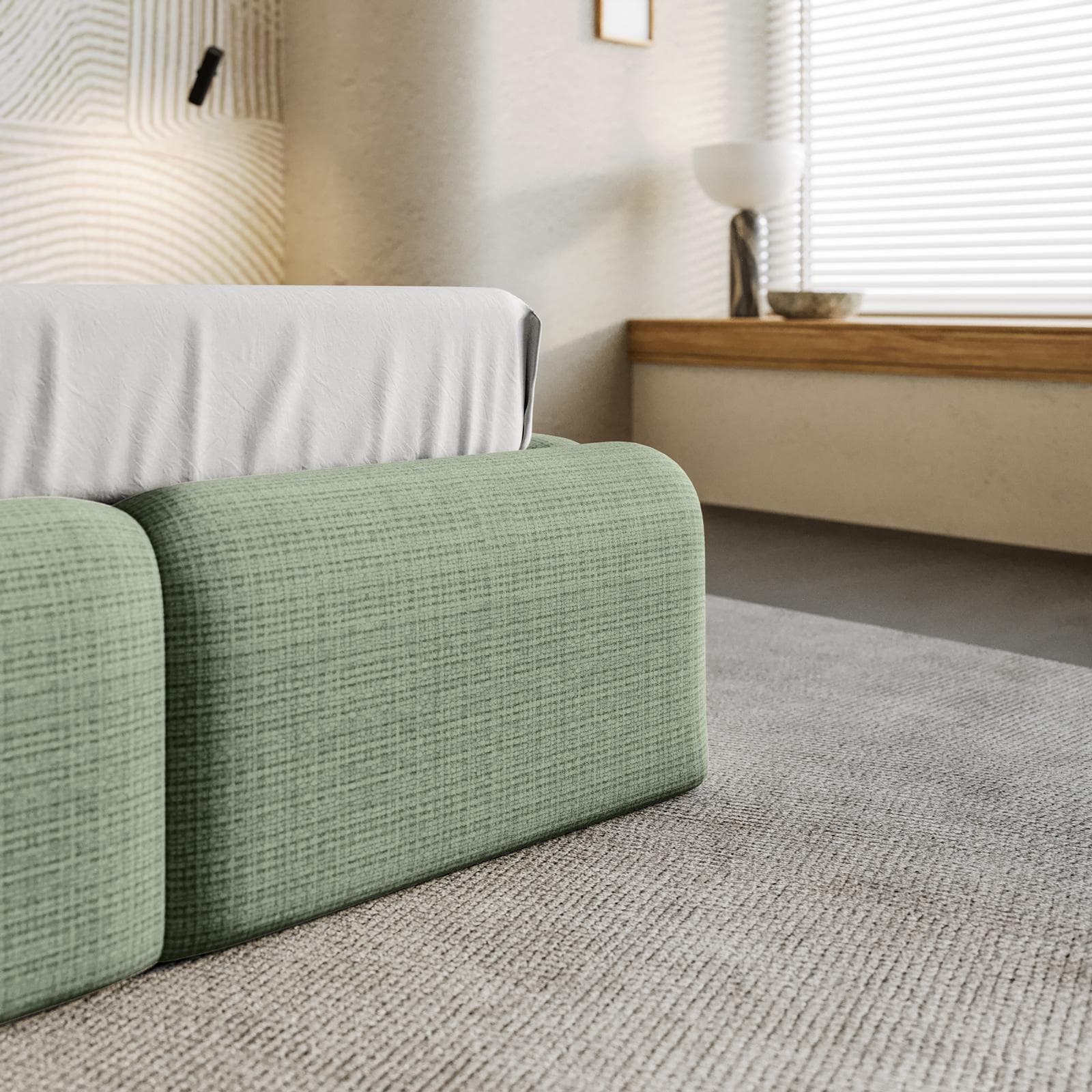 Letto matrimoniale 160x190 cm imbottito e rivestito in shiny bouclé verde salvia con contenitore - Wazi