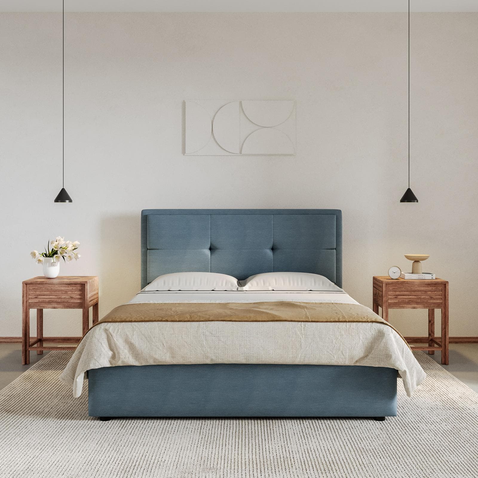 Letto matrimoniale 160x190 cm imbottito e rivestito in tessuto blu polvere con contenitore - Basha
