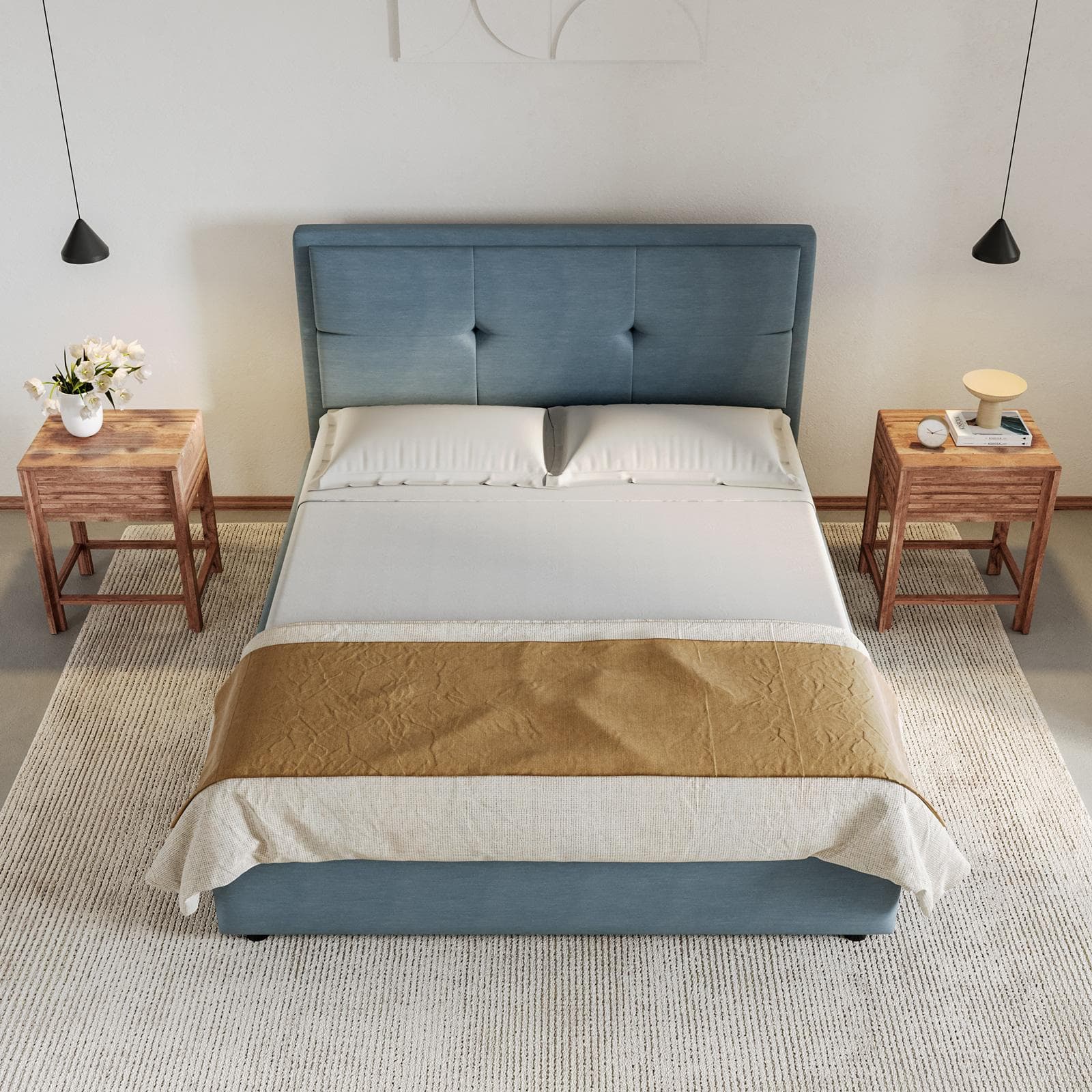 Letto matrimoniale 160x190 cm imbottito e rivestito in tessuto blu polvere con contenitore - Basha