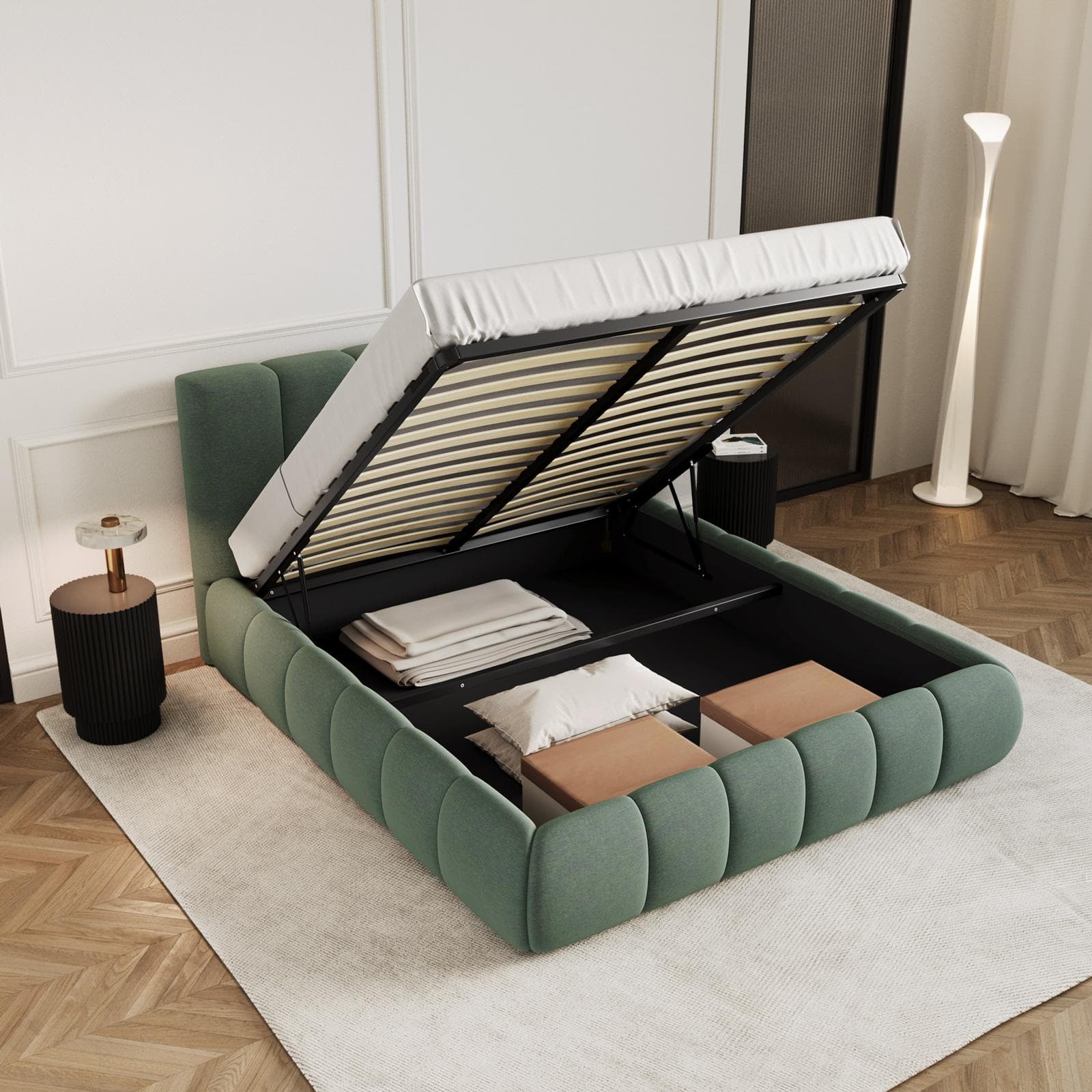 Letto matrimoniale 160x190 cm imbottito e rivestito in tessuto verde salvia con contenitore - Degan