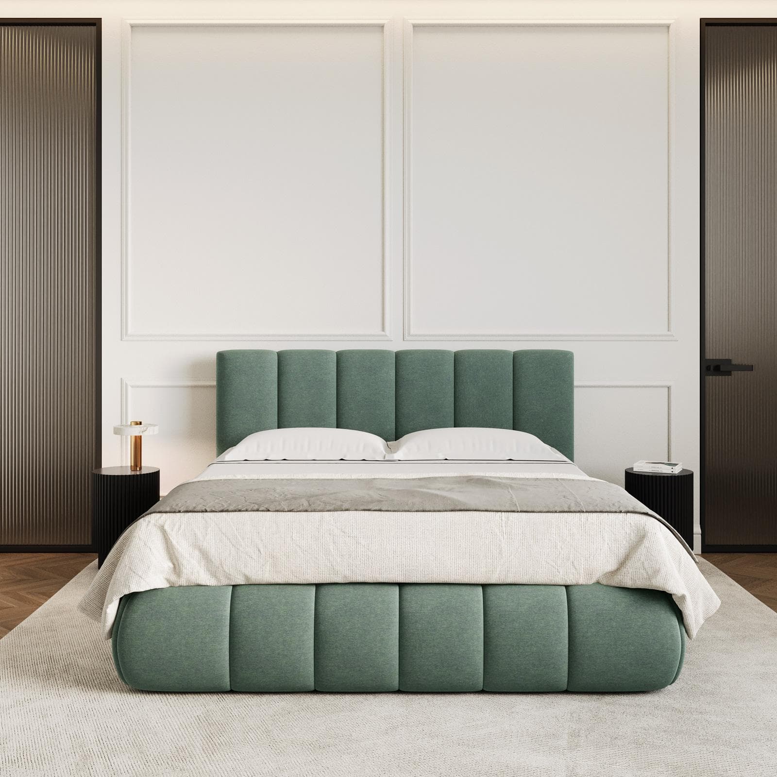 Letto matrimoniale 160x190 cm imbottito e rivestito in tessuto verde salvia con contenitore - Degan
