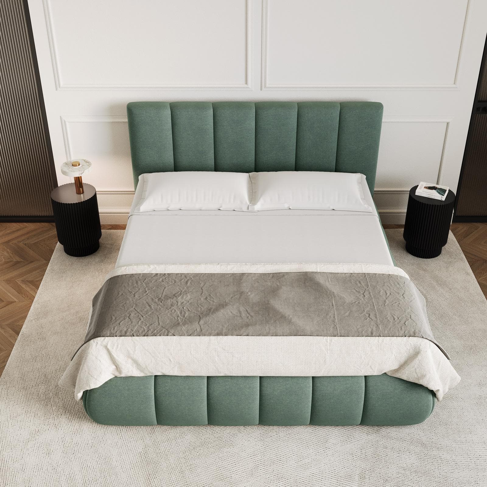 Letto matrimoniale 160x190 cm imbottito e rivestito in tessuto verde salvia con contenitore - Degan