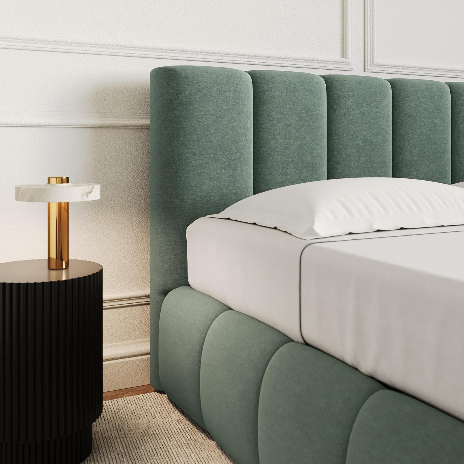 Letto matrimoniale 160x190 cm imbottito e rivestito in tessuto verde salvia con contenitore - Degan