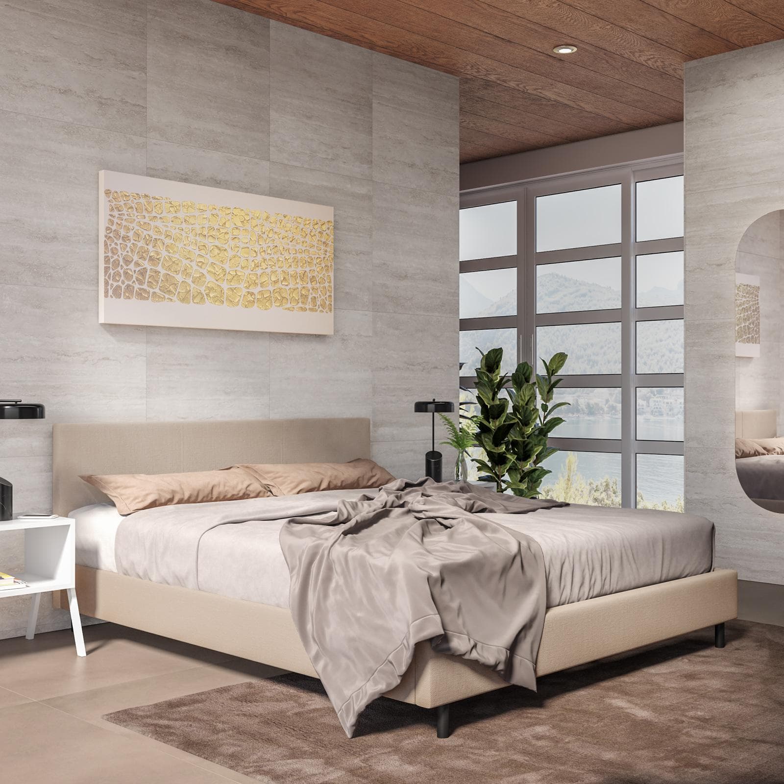 Letto matrimoniale 160x190 cm in tessuto beige e gambe nero - Frendy