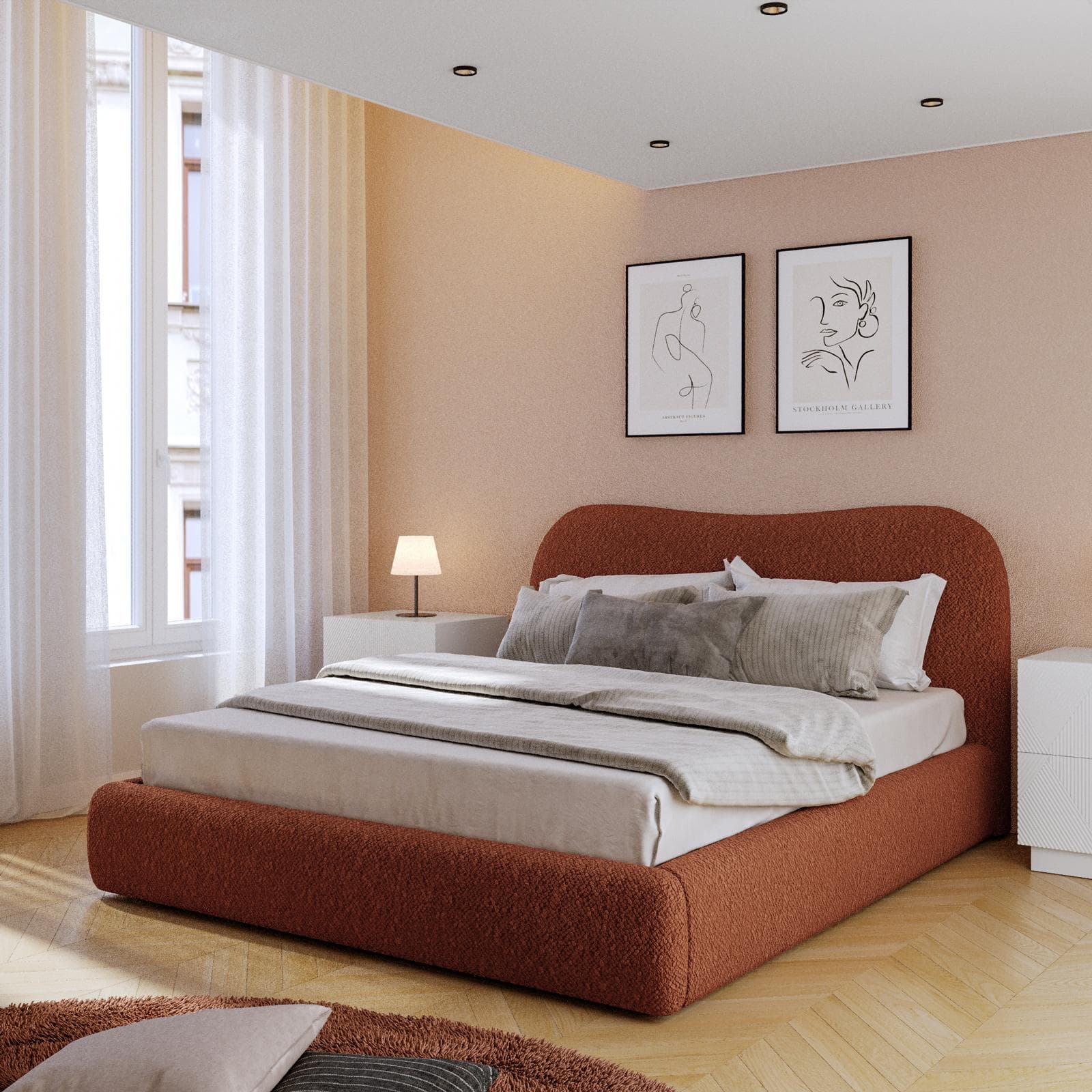 Letto matrimoniale 160x190 cm in tessuto bouclé ruggine con contenitore - Bradley