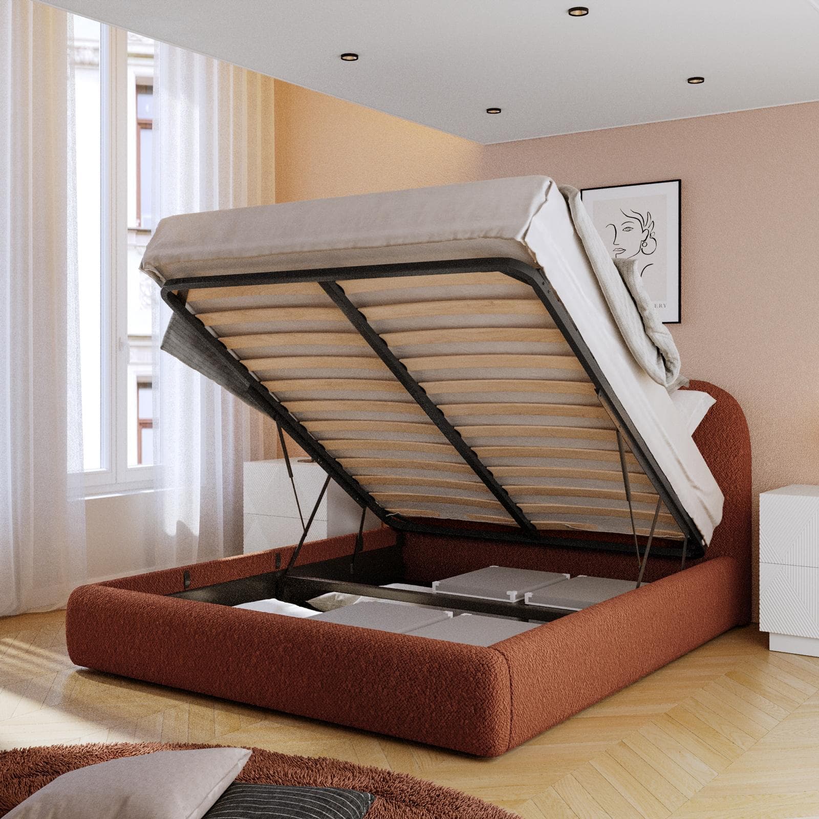 Letto matrimoniale 160x190 cm in tessuto bouclé ruggine con contenitore - Bradley