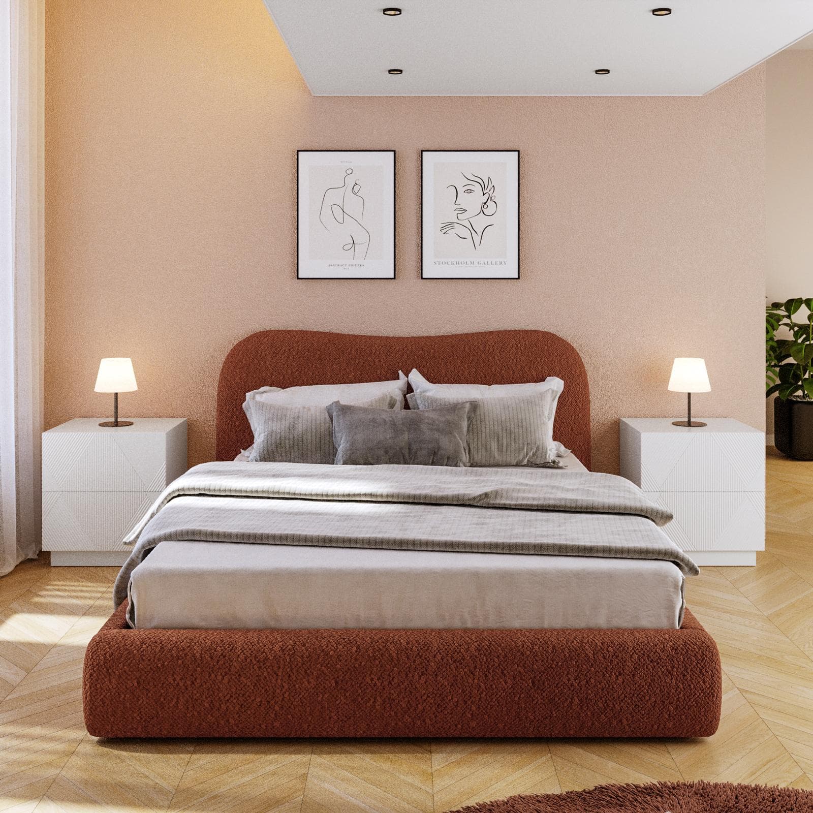 Letto matrimoniale 160x190 cm in tessuto bouclé ruggine con contenitore - Bradley