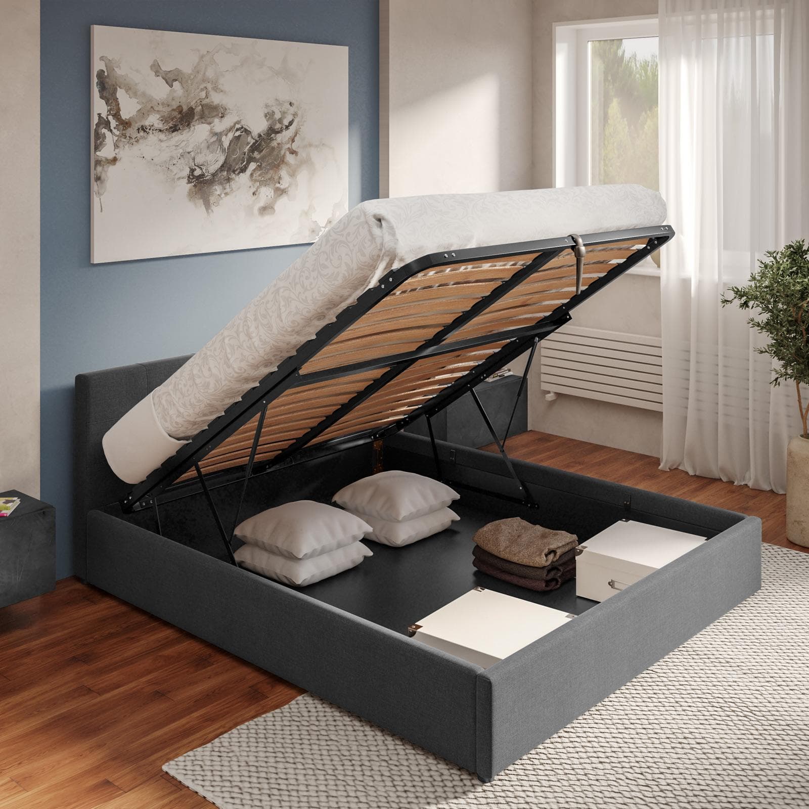 Letto matrimoniale 160x190 cm in tessuto cenere con contenitore - Henderson