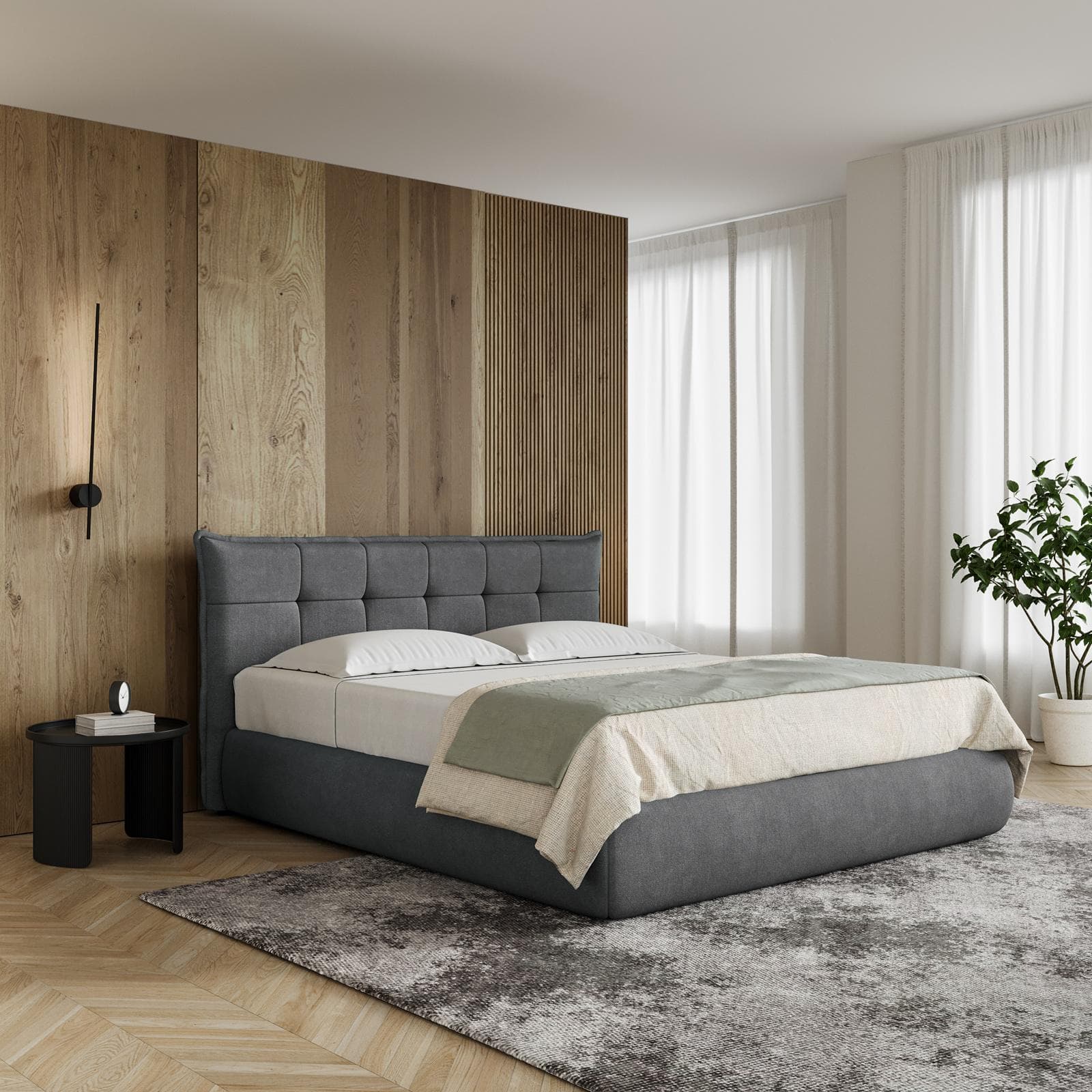 Letto matrimoniale 160x190 cm in tessuto cenere con contenitore - Vespar
