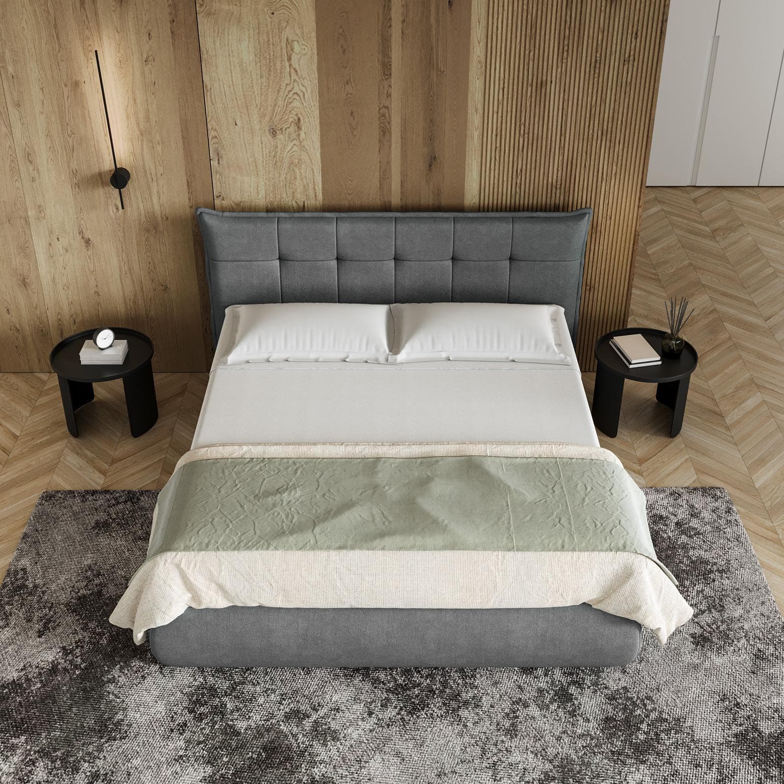Letto matrimoniale 160x190 cm in tessuto cenere con contenitore - Vespar