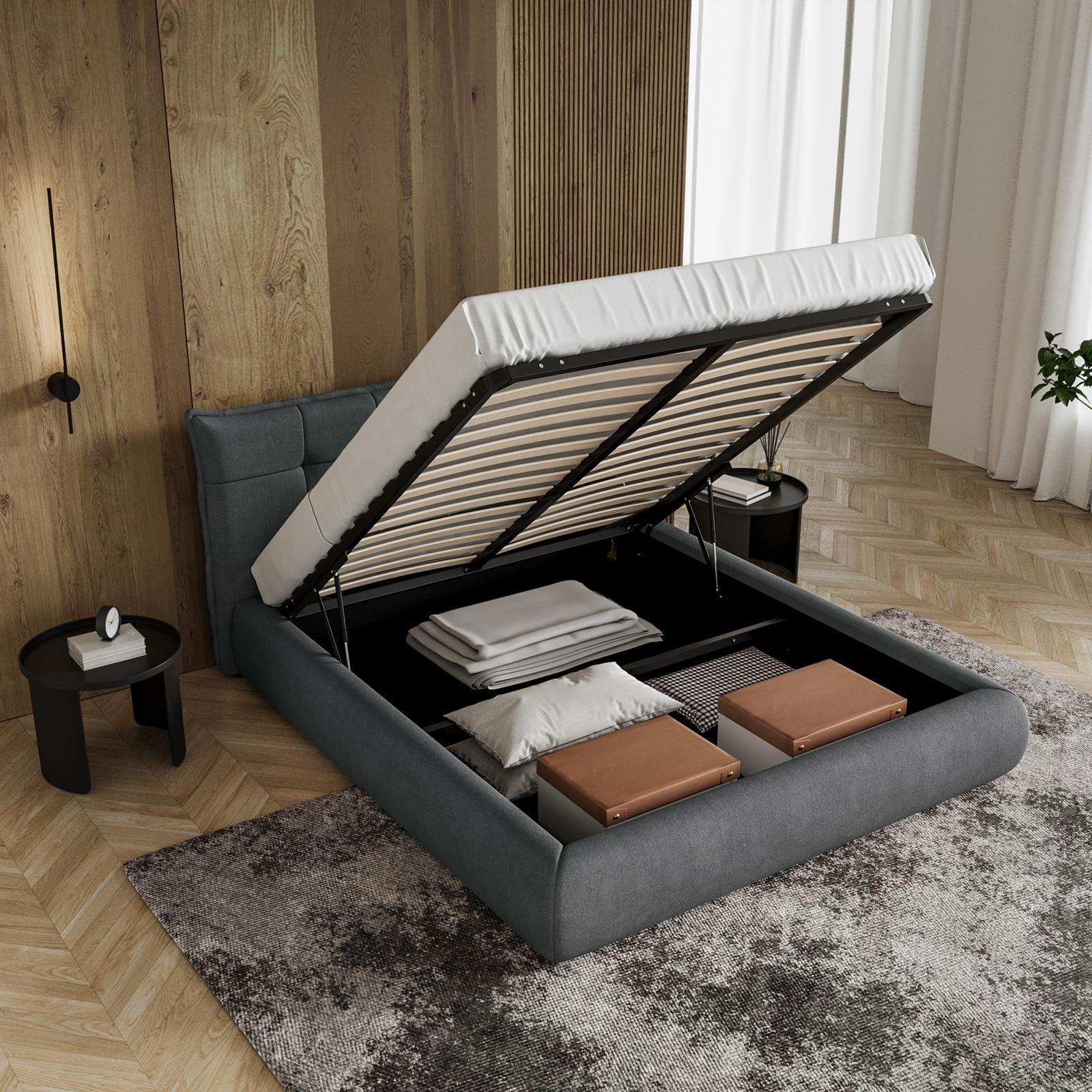 Letto matrimoniale 160x190 cm in tessuto cenere con contenitore - Vespar