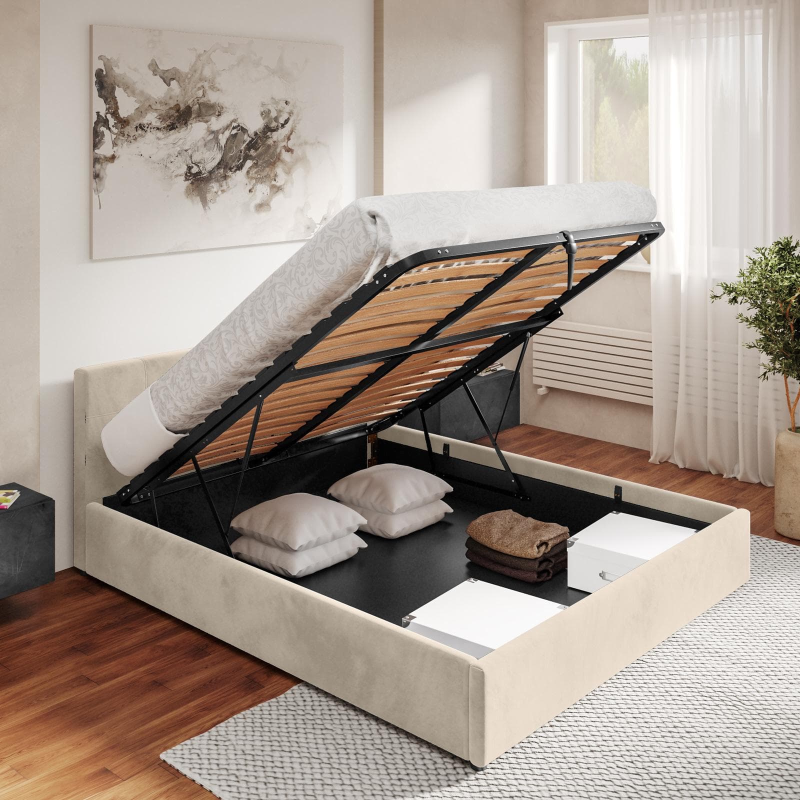 Letto matrimoniale 160x190 cm in tessuto crema con contenitore - Henderson