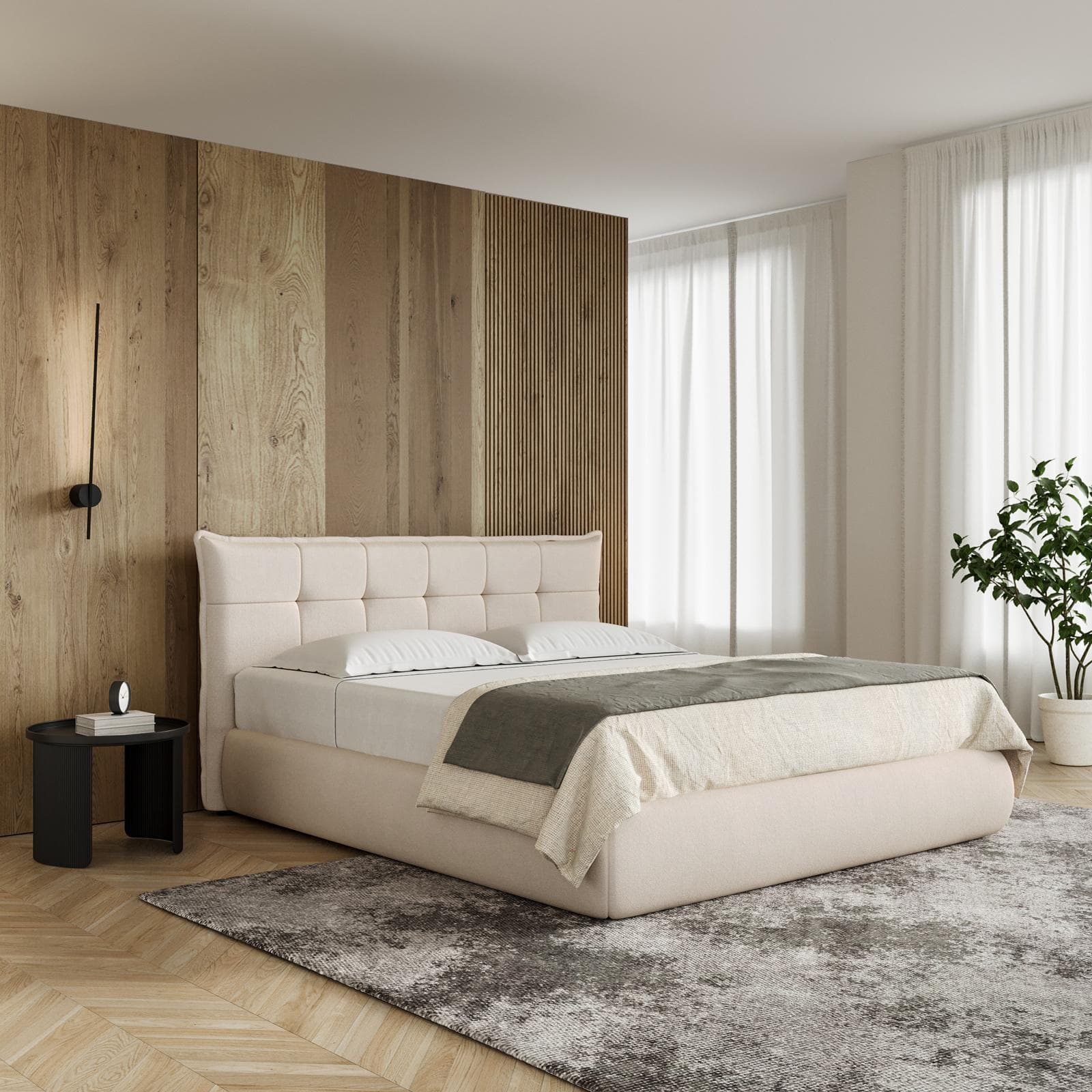 Letto matrimoniale 160x190 cm in tessuto crema con contenitore - Vespar