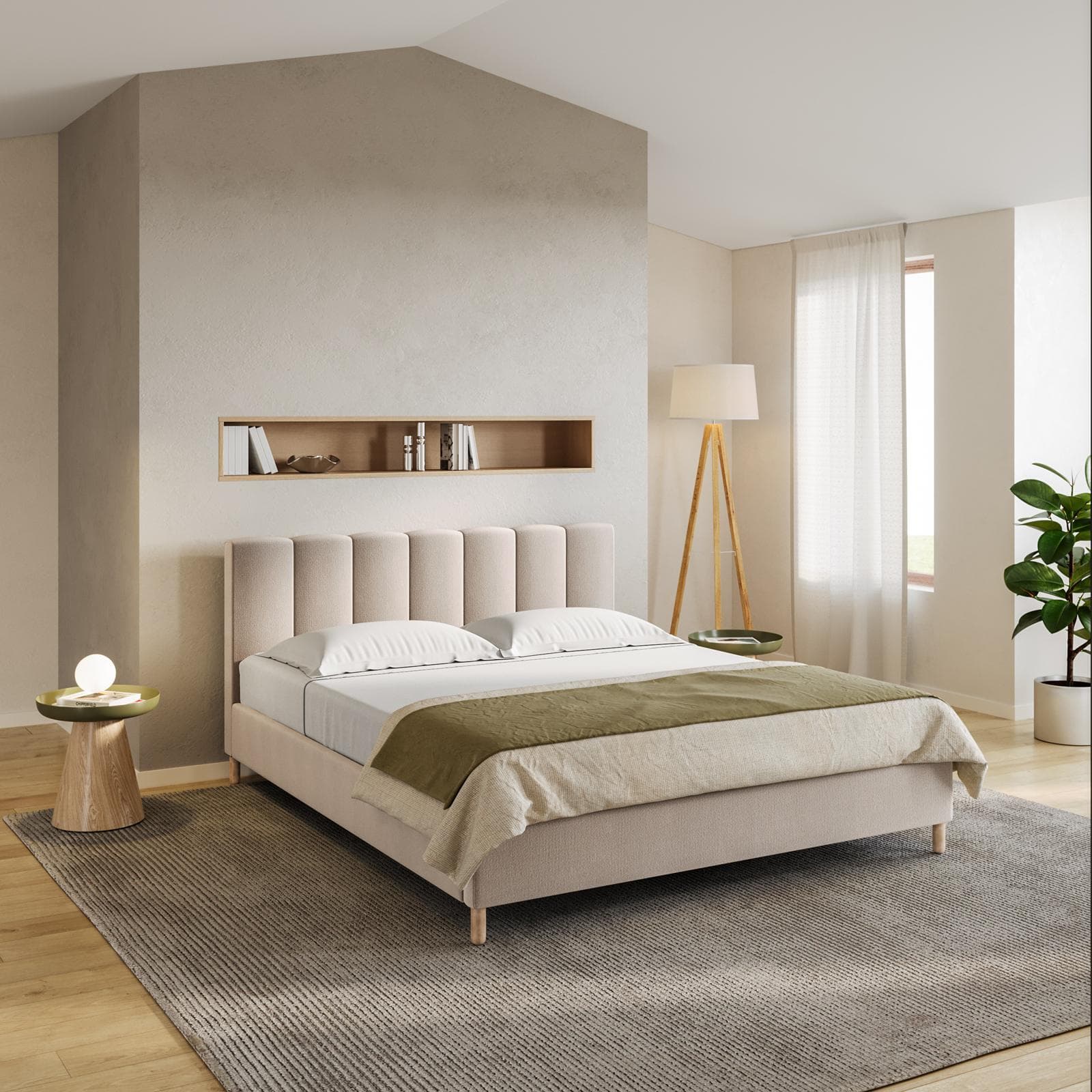 Letto matrimoniale 160x190 cm in tessuto crema con gambe in legno - Diskel