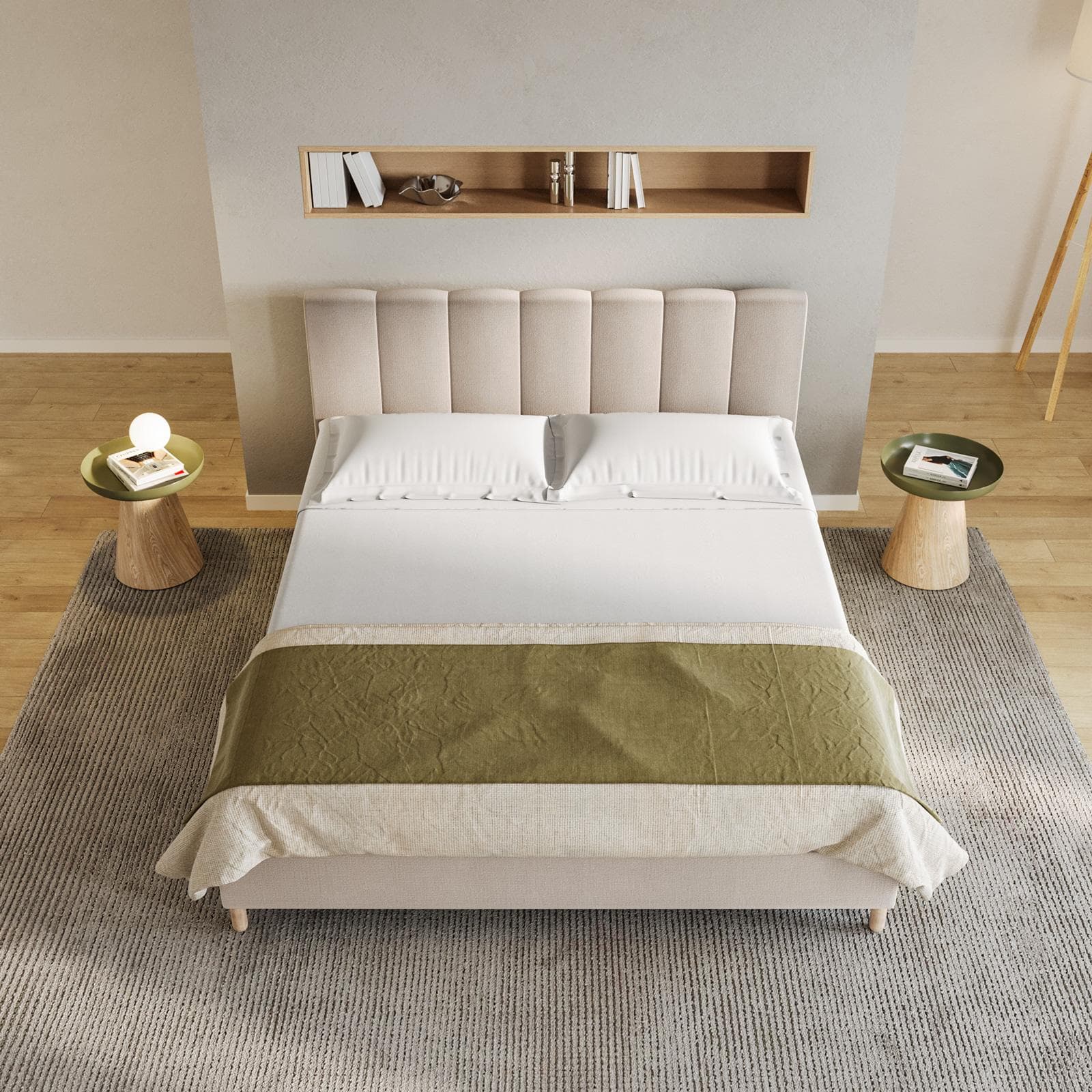 Letto matrimoniale 160x190 cm in tessuto crema con gambe in legno - Diskel