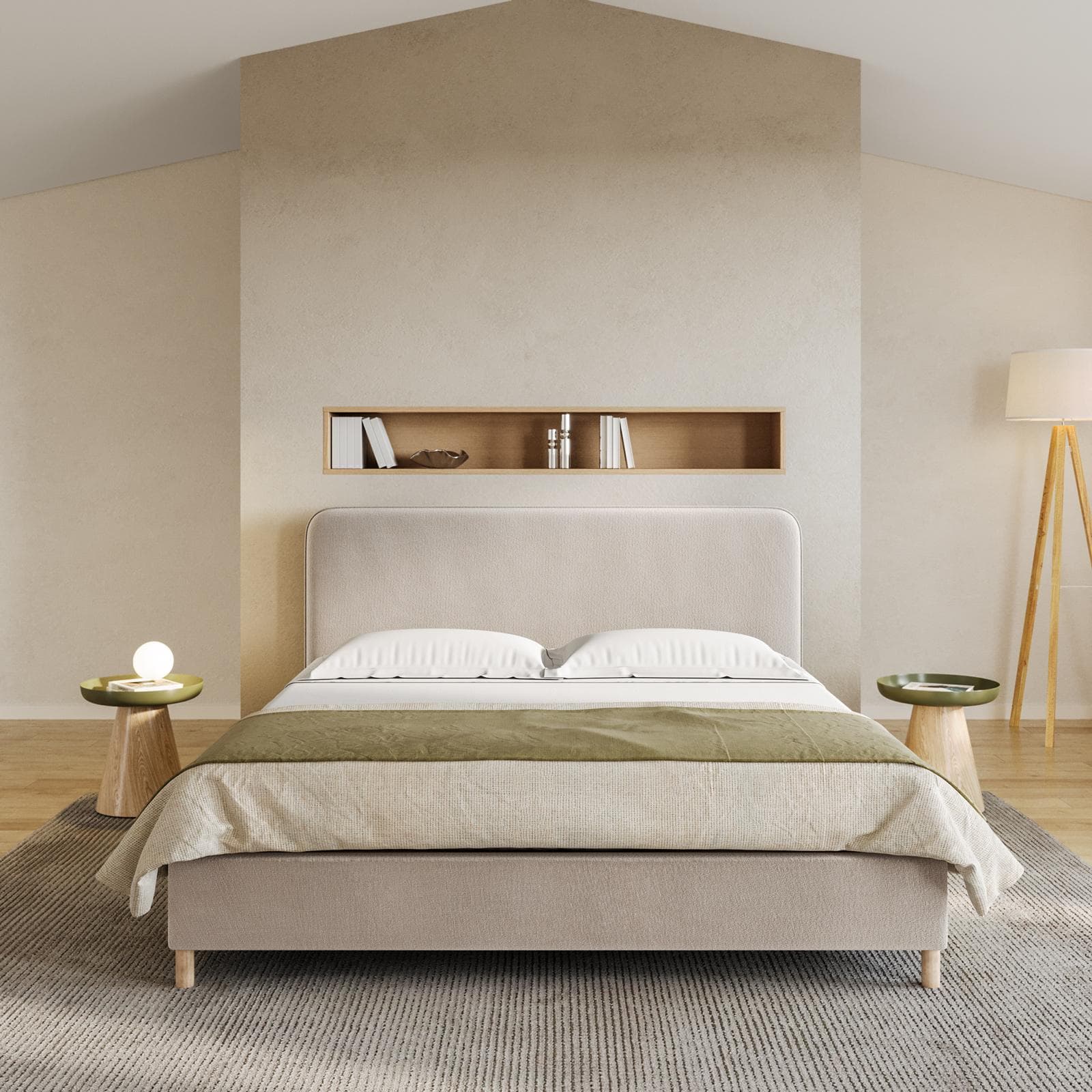 Letto matrimoniale 160x190 cm in tessuto crema con gambe in legno - Teilsh