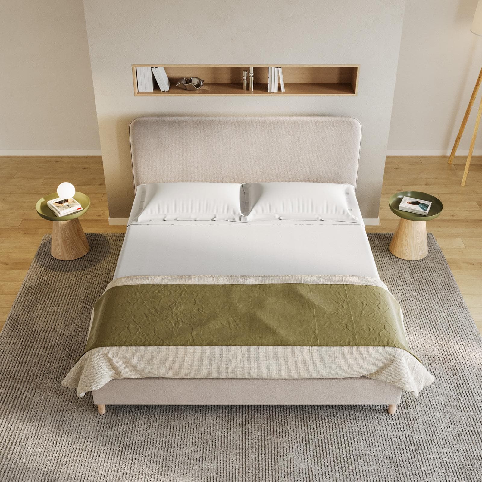 Letto matrimoniale 160x190 cm in tessuto crema con gambe in legno - Teilsh