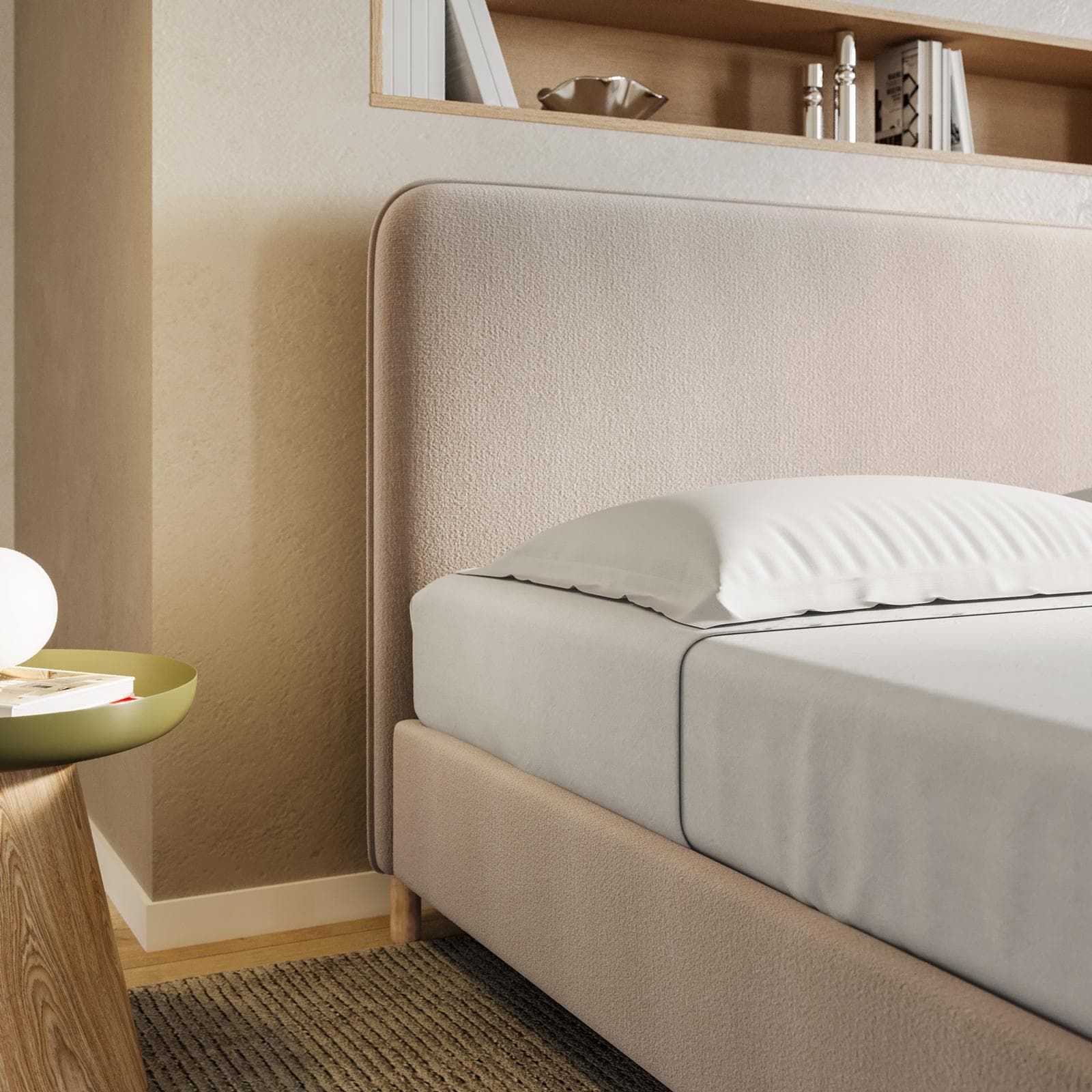 Letto matrimoniale 160x190 cm in tessuto crema con gambe in legno - Teilsh