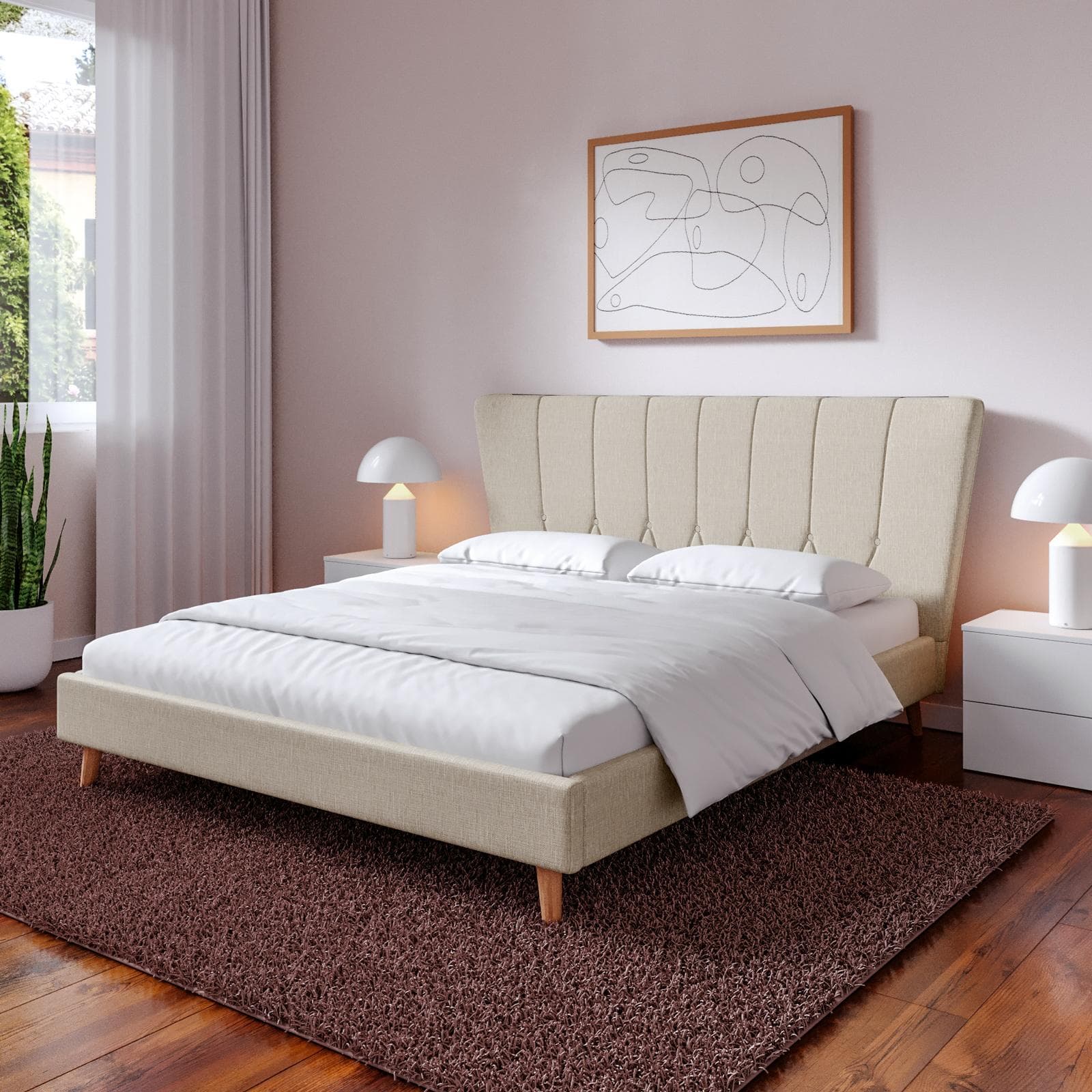 Letto matrimoniale 160x190 cm in tessuto crema con testata trapuntata - Baltimore