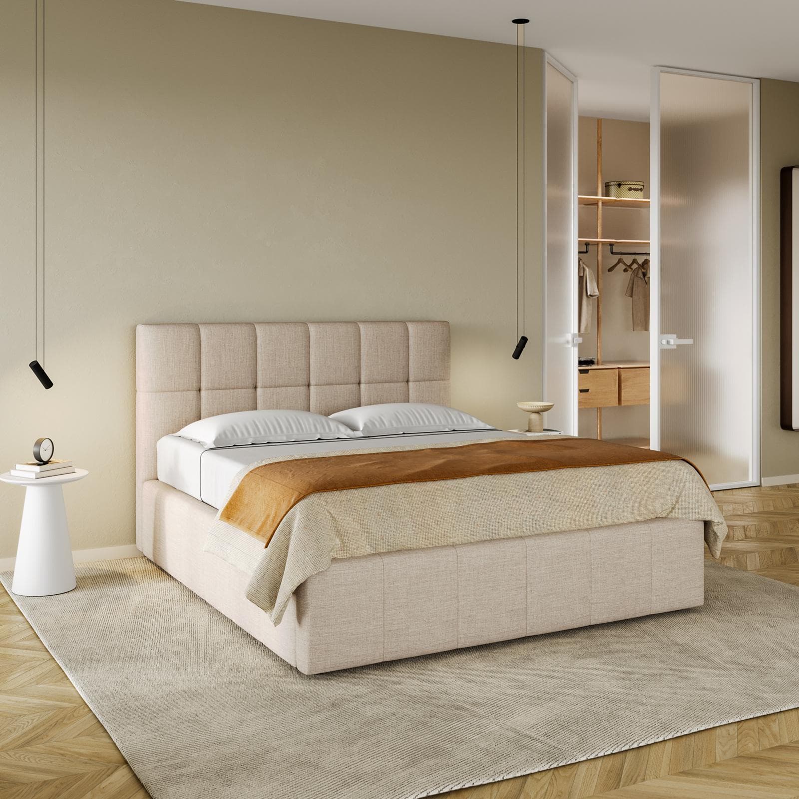 Letto matrimoniale 160x190 cm in tessuto crema con testata trapuntata e contenitore - Ziusmi