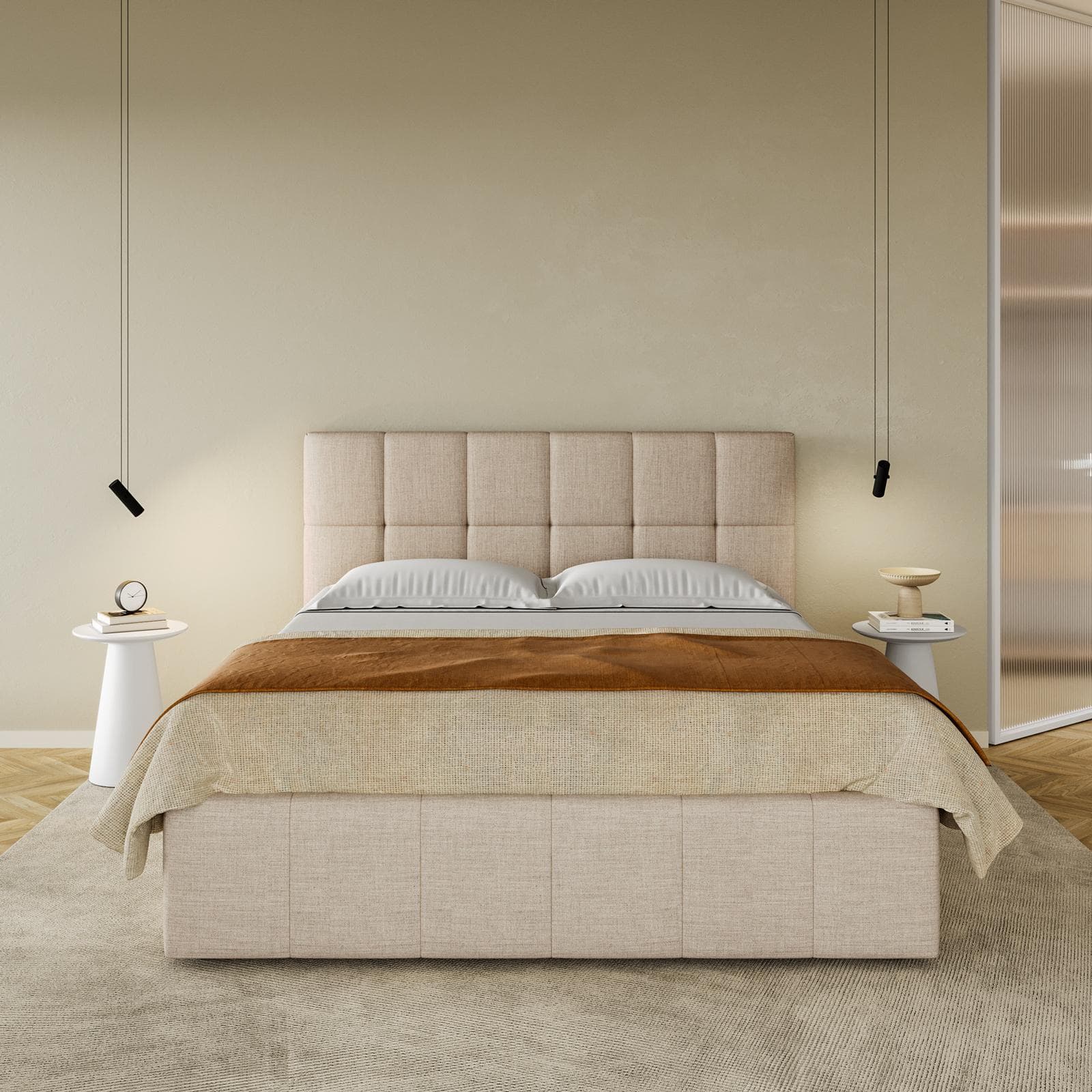 Letto matrimoniale 160x190 cm in tessuto crema con testata trapuntata e contenitore - Ziusmi