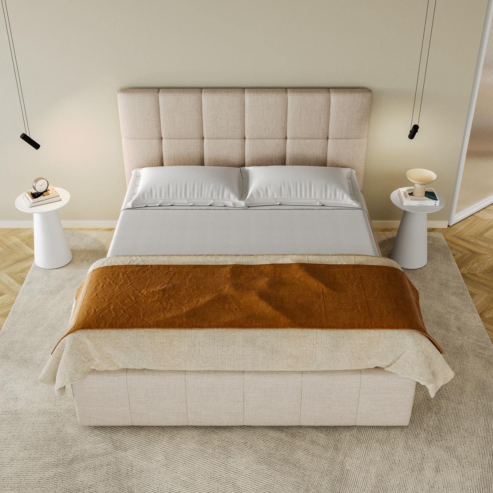 Letto matrimoniale 160x190 cm in tessuto crema con testata trapuntata e contenitore - Ziusmi