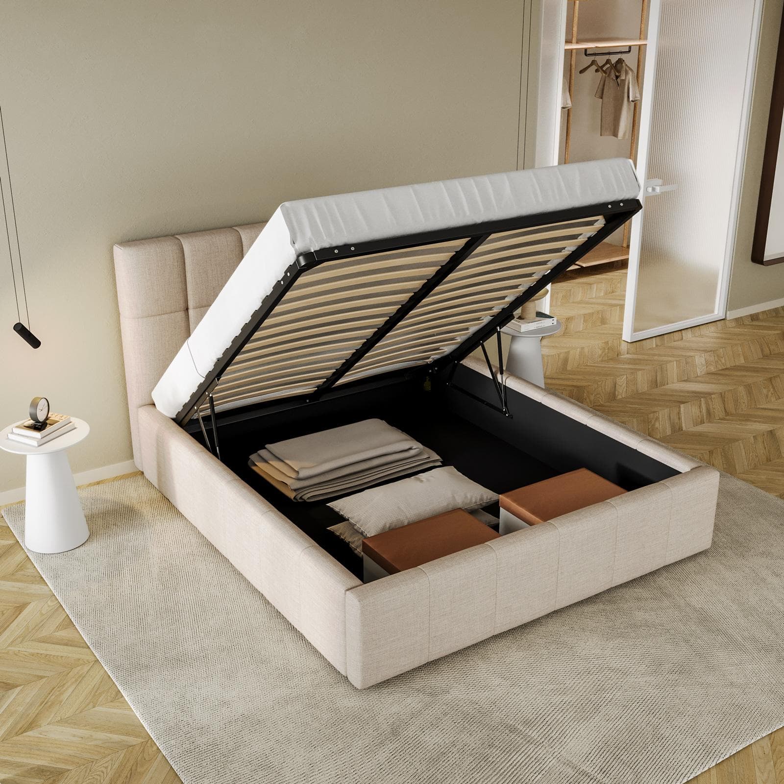 Letto matrimoniale 160x190 cm in tessuto crema con testata trapuntata e contenitore - Ziusmi