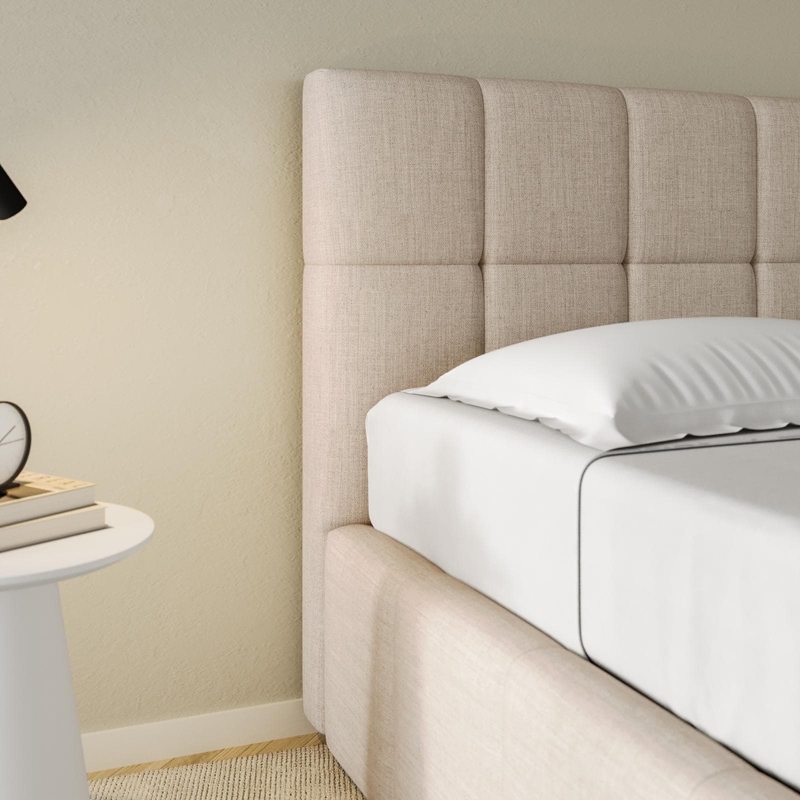 Letto matrimoniale 160x190 cm in tessuto crema con testata trapuntata e contenitore - Ziusmi