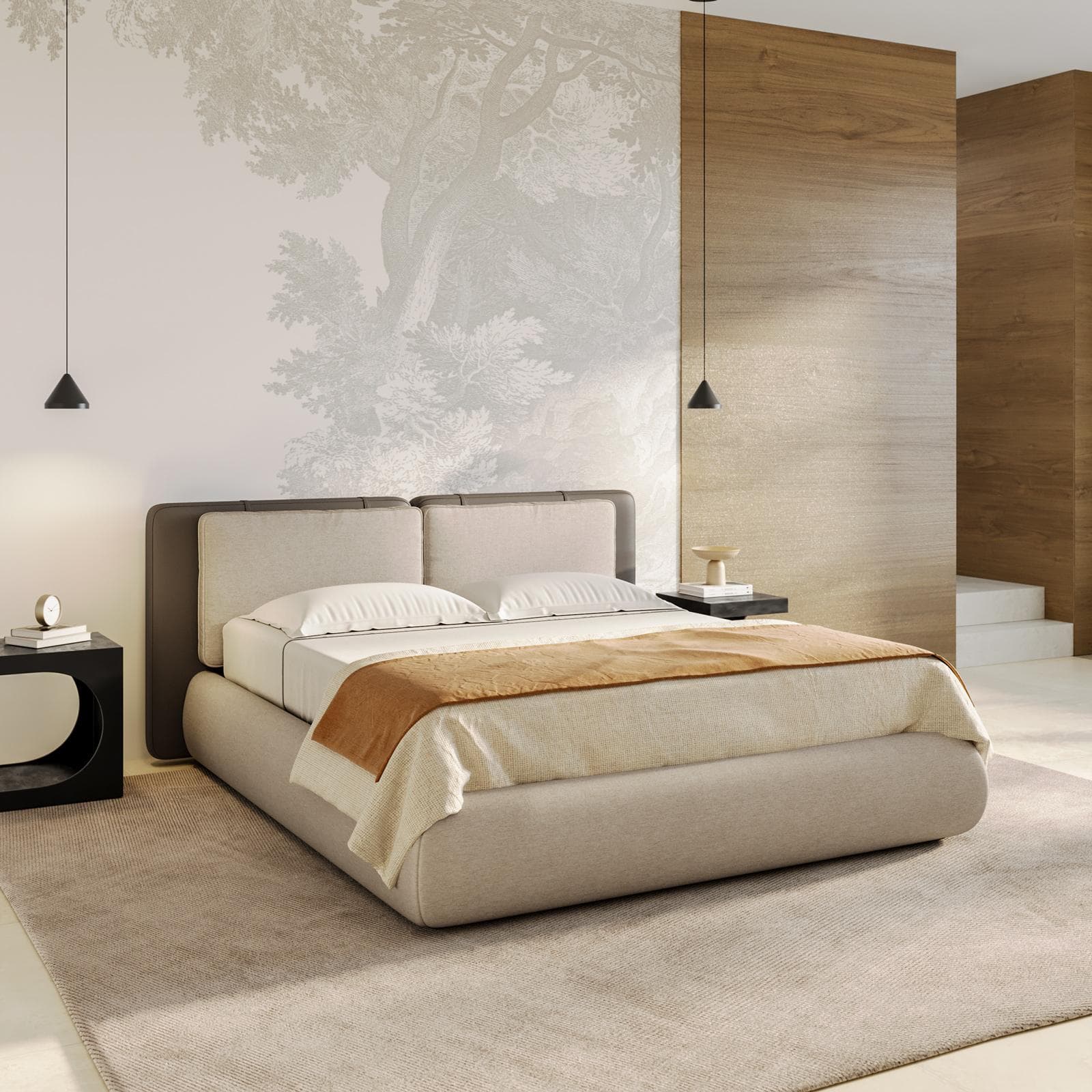 Letto matrimoniale 160x190 cm in tessuto crema e similpelle tortora scuro con contenitore - Thyldo