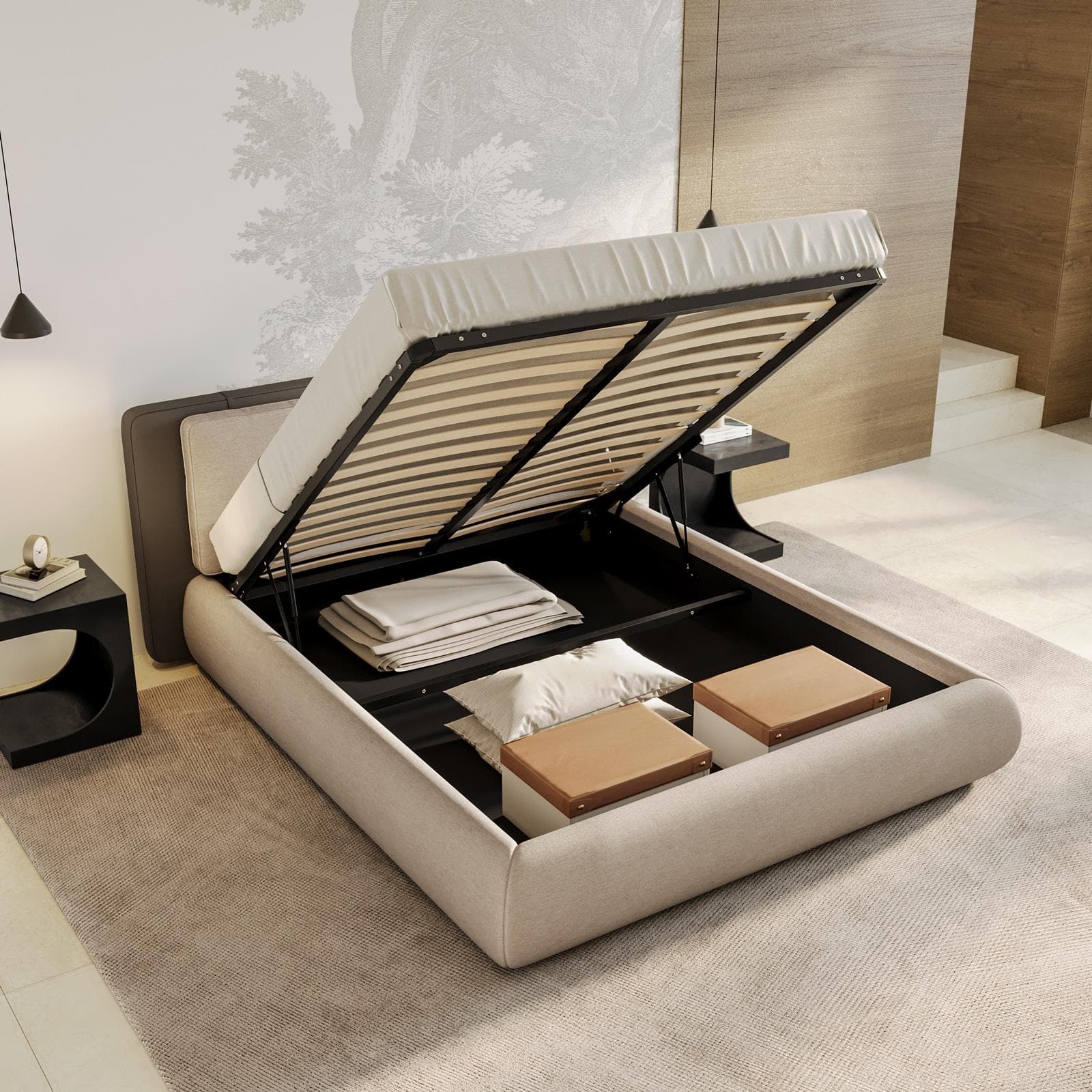 Letto matrimoniale 160x190 cm in tessuto crema e similpelle tortora scuro con contenitore - Thyldo