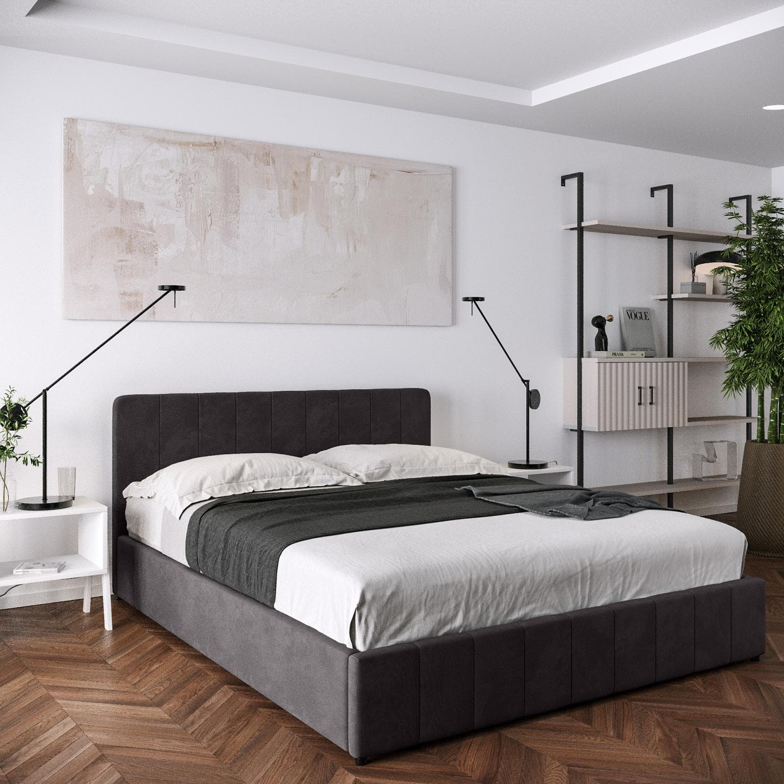 Letto matrimoniale contenitore 160x200 cm in tessuto effetto maglia antracite con connettore usb - Kayden