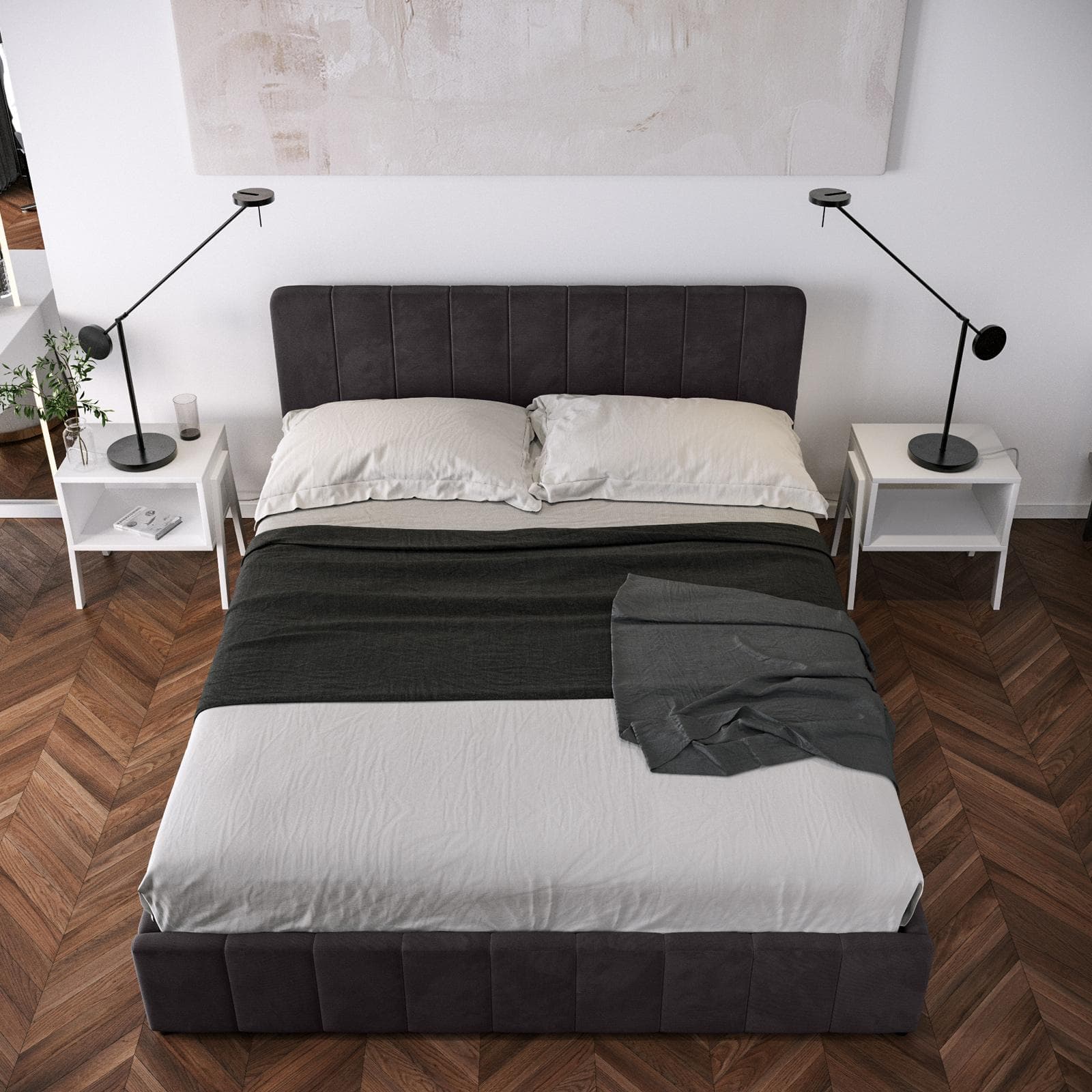 Letto matrimoniale contenitore 160x200 cm in tessuto effetto maglia antracite con connettore usb - Kayden