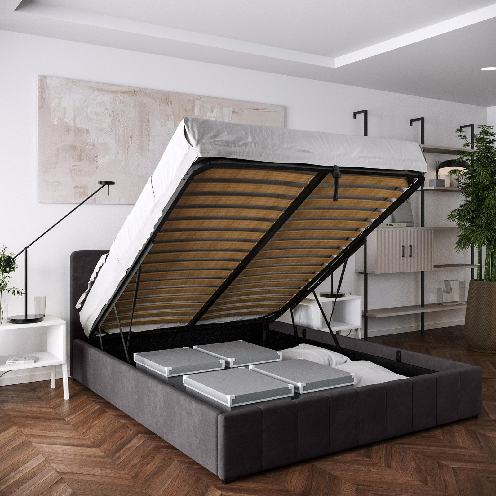 Letto matrimoniale contenitore 160x200 cm in tessuto effetto maglia antracite con connettore usb - Kayden