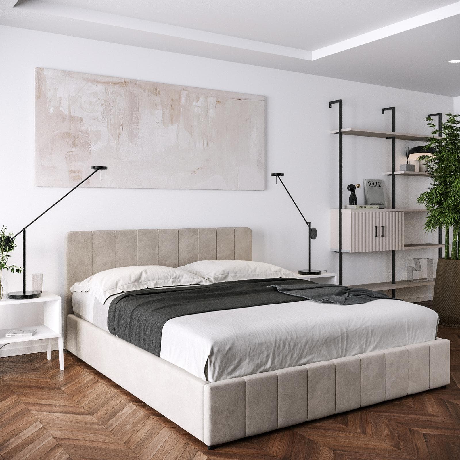 Letto matrimoniale contenitore 160x200 cm in tessuto effetto maglia beige con connettore usb - Kayden