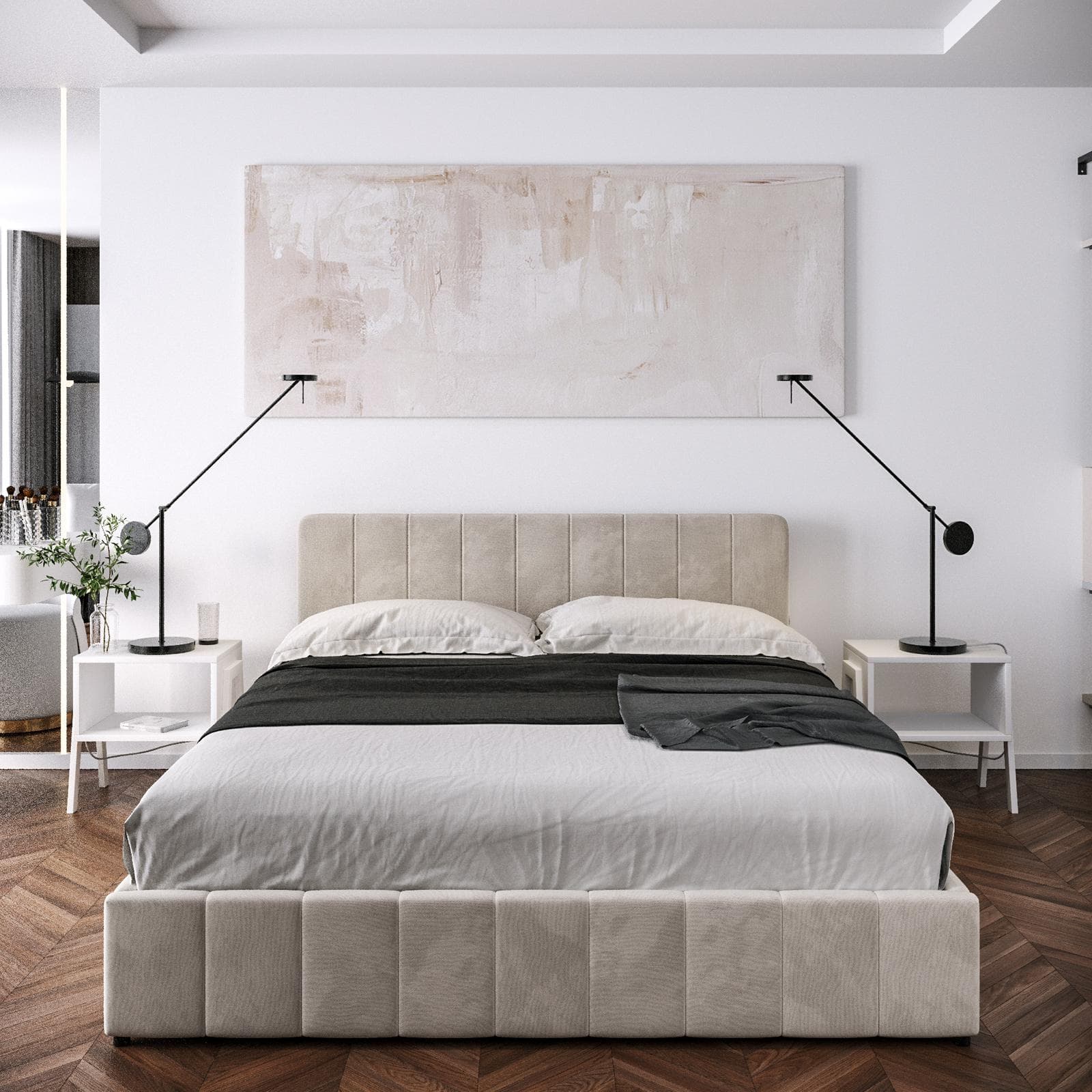 Letto matrimoniale contenitore 160x200 cm in tessuto effetto maglia beige con connettore usb - Kayden