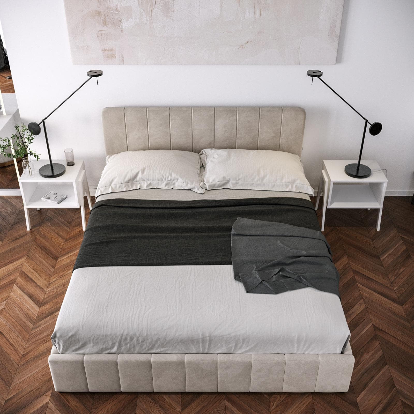 Letto matrimoniale contenitore 160x200 cm in tessuto effetto maglia beige con connettore usb - Kayden