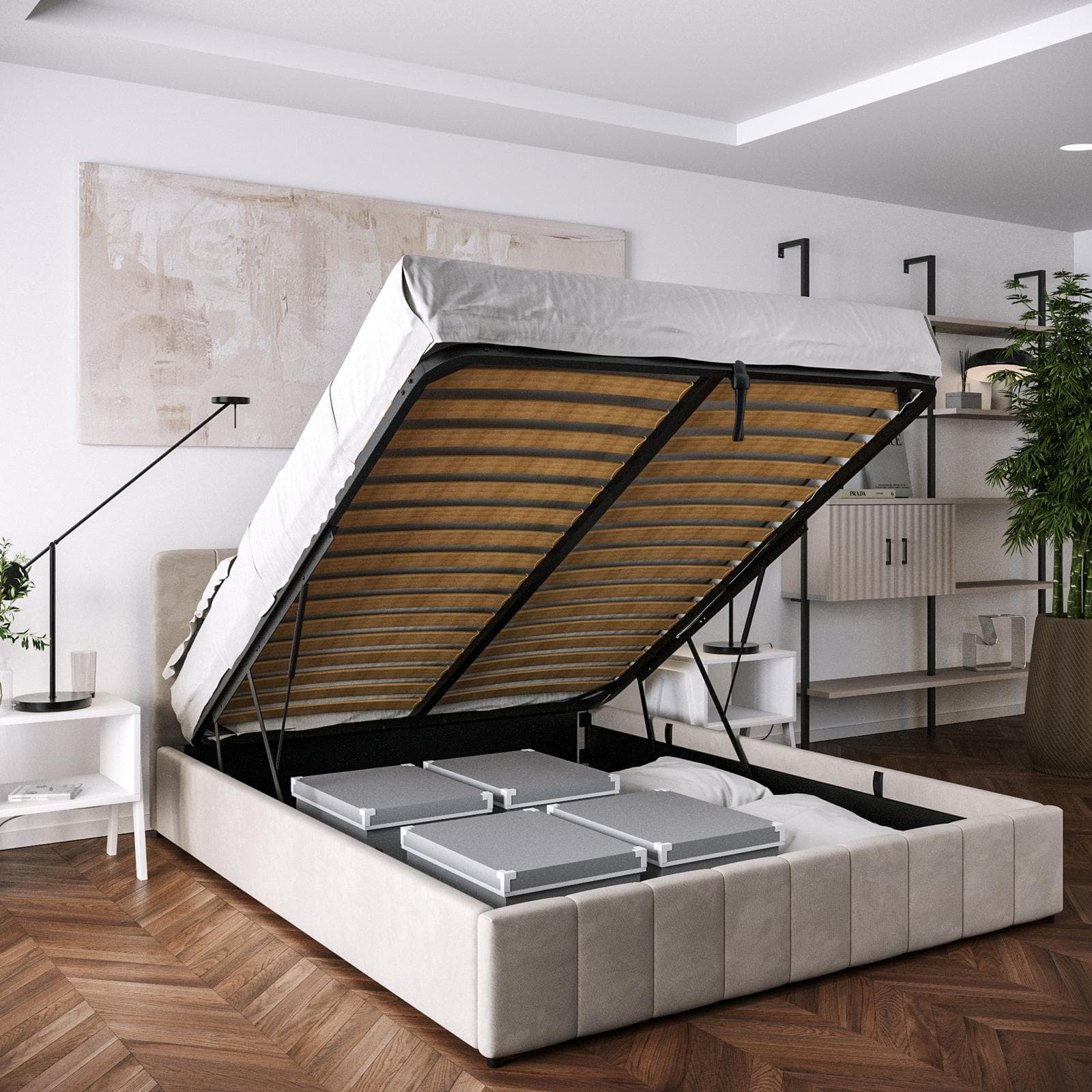 Letto matrimoniale contenitore 160x200 cm in tessuto effetto maglia beige con connettore usb - Kayden